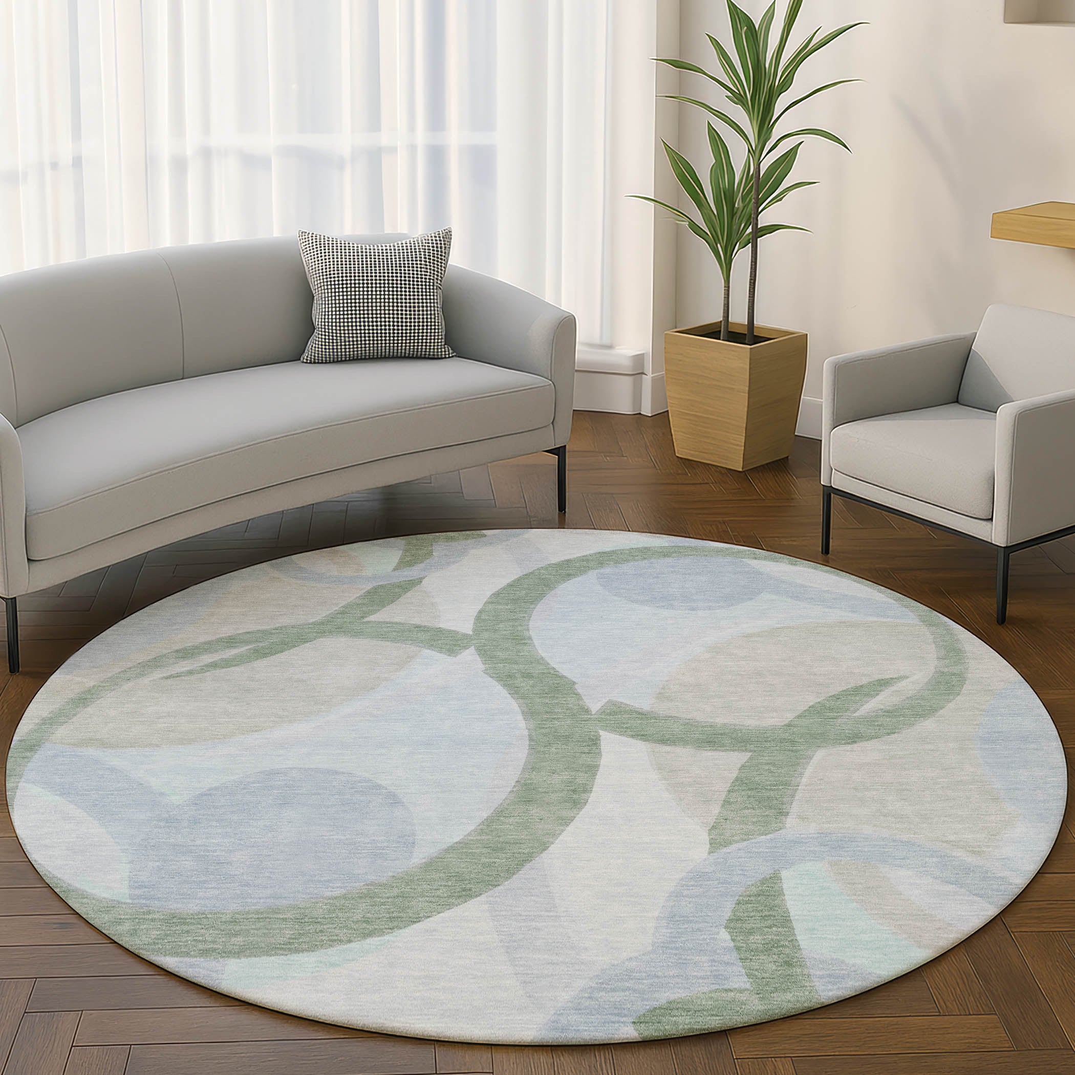 Chiang Mai Machine Washable Transitional Sage Green Rug 8' x 8' #shape_Round