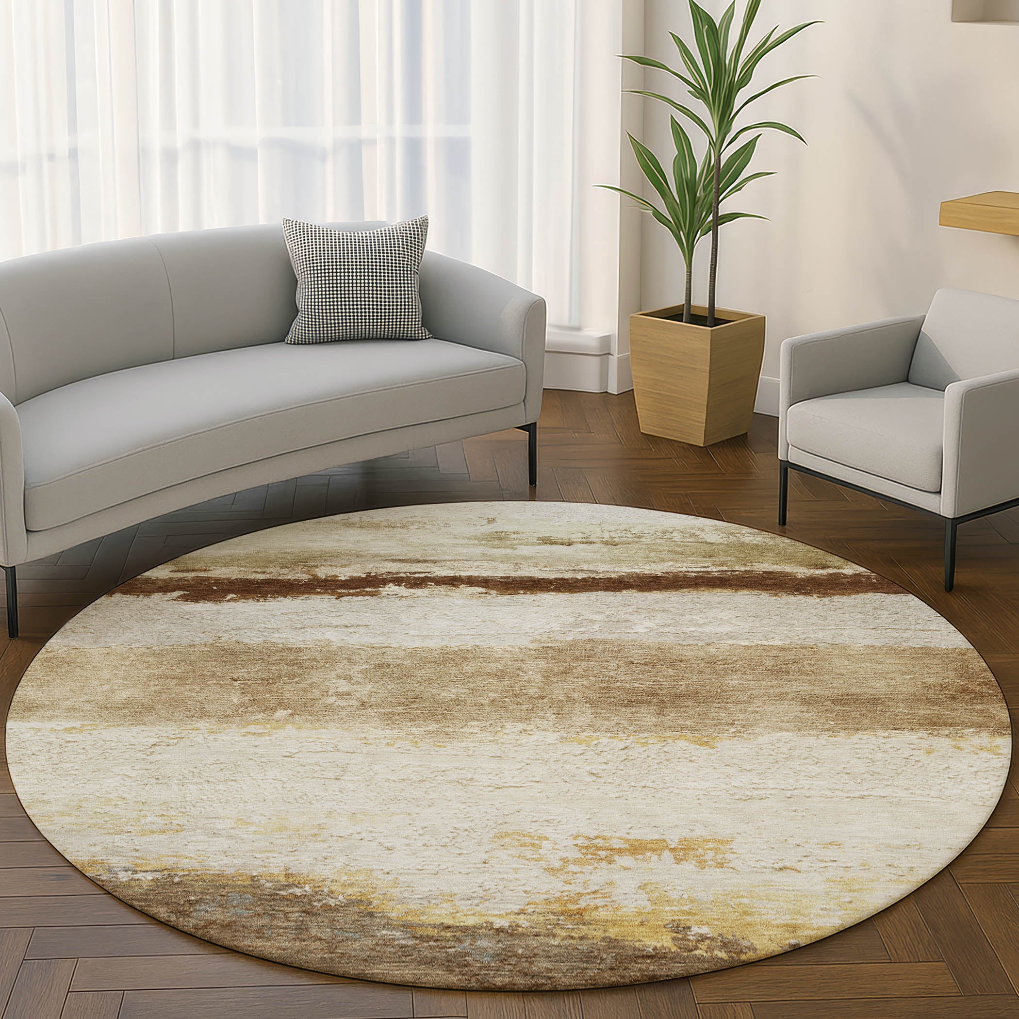 Lucerne Machine Washable Transitional Brown Rug 8' x 8' #shape_Round