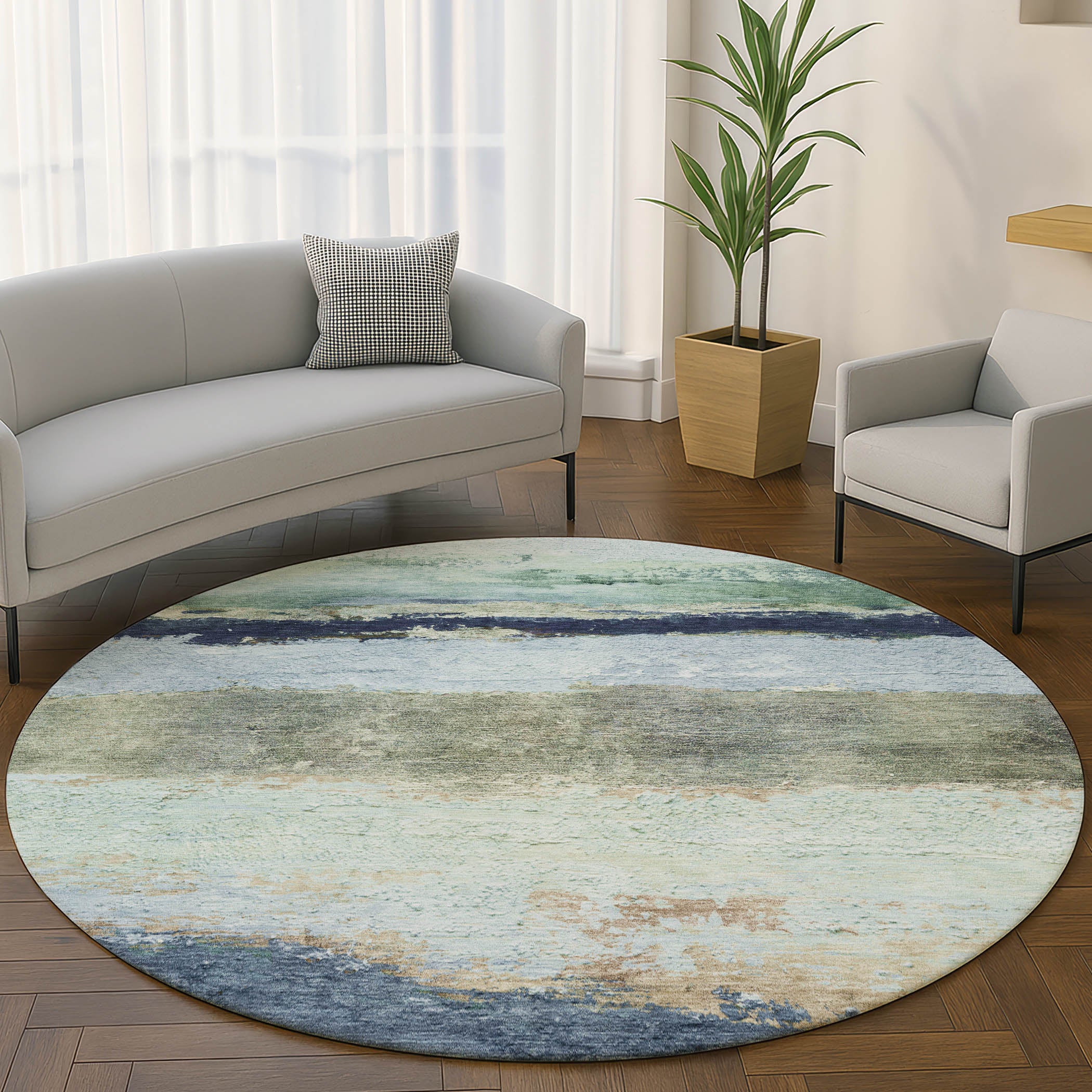Lucerne Machine Washable Transitional Denim Blue Rug 8' x 8' #shape_Round