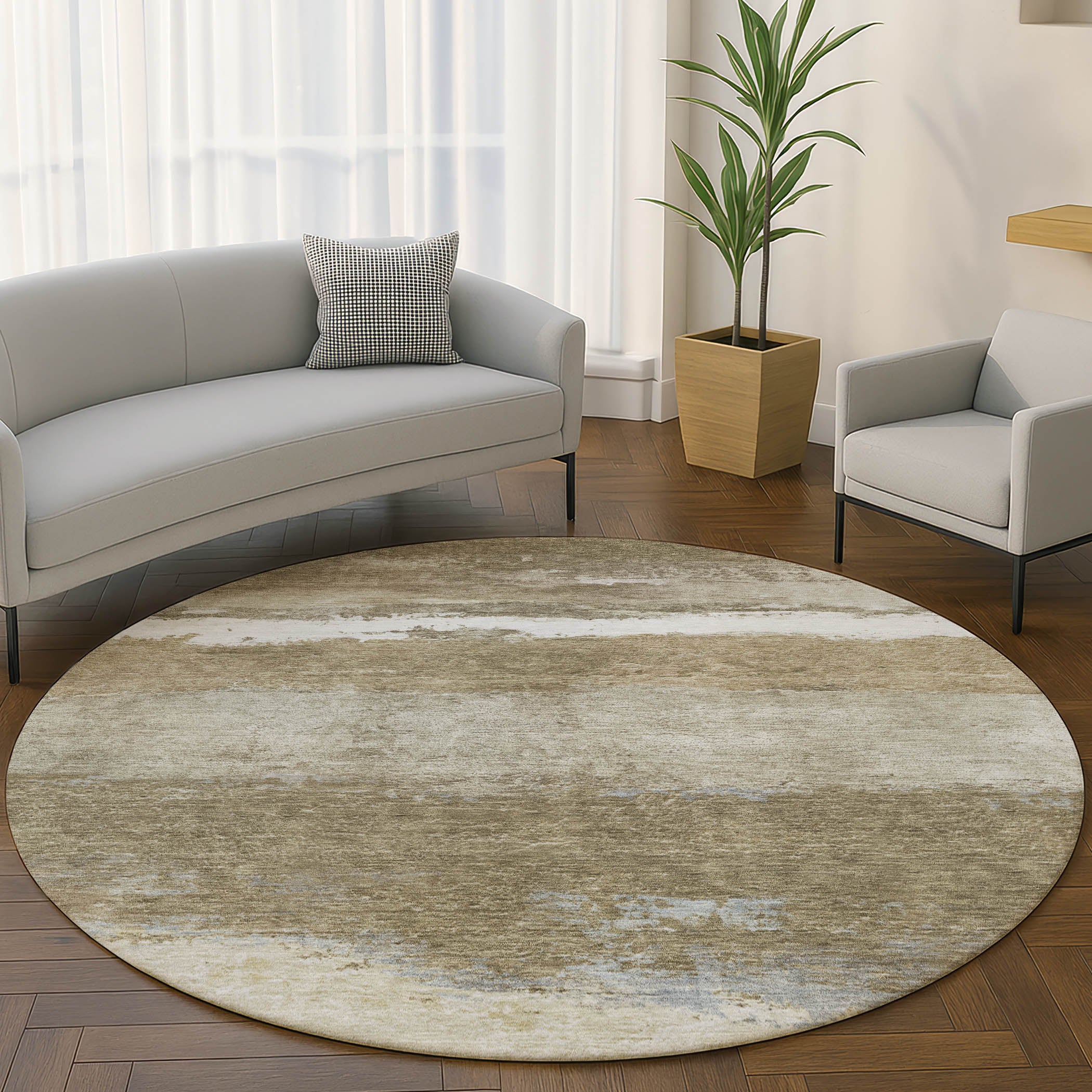 Lucerne Machine Washable Transitional Khaki Brown Rug 8' x 8' #shape_Round