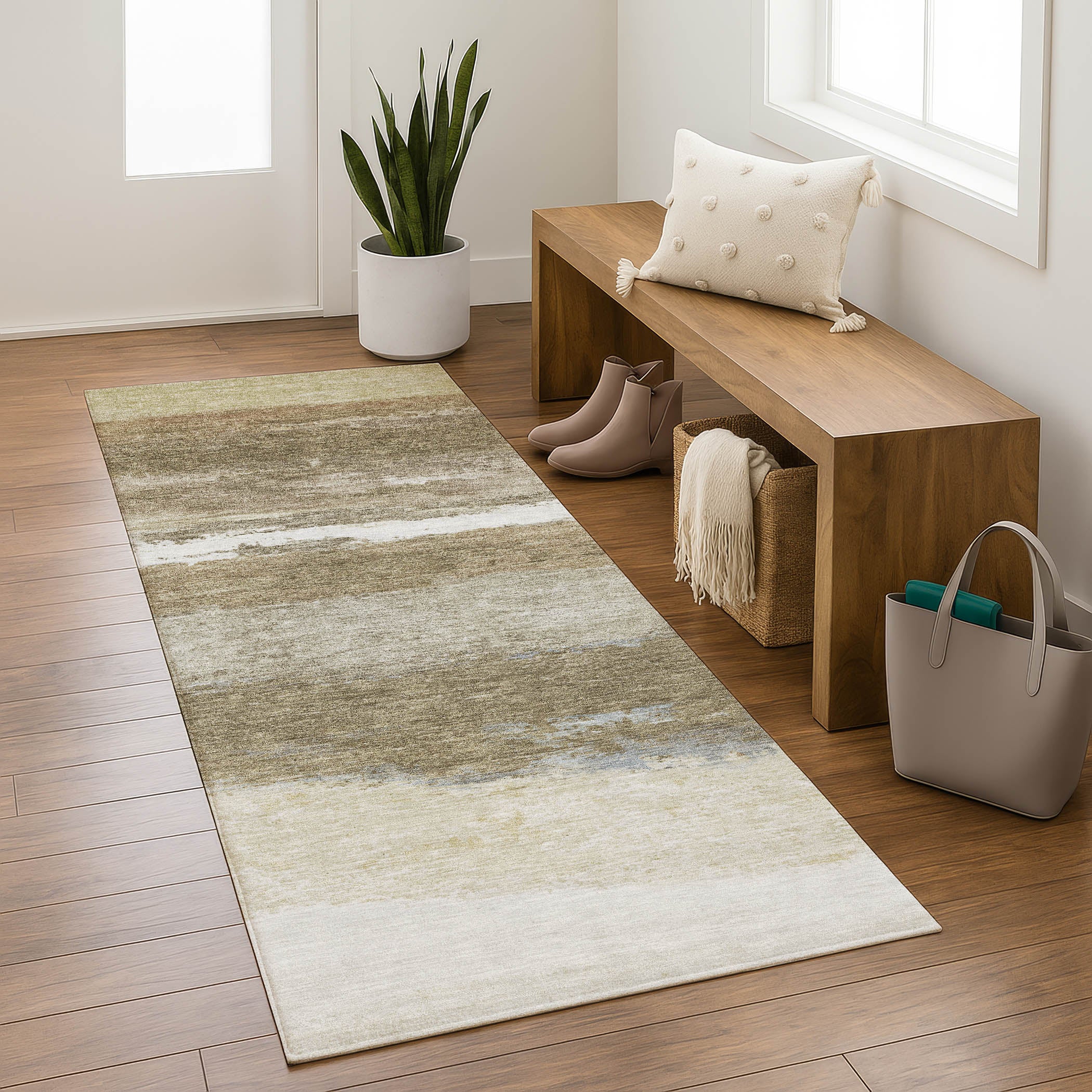 Lucerne Machine Washable Transitional Khaki Brown Rug 2'3" x 7'6" #shape_Runner