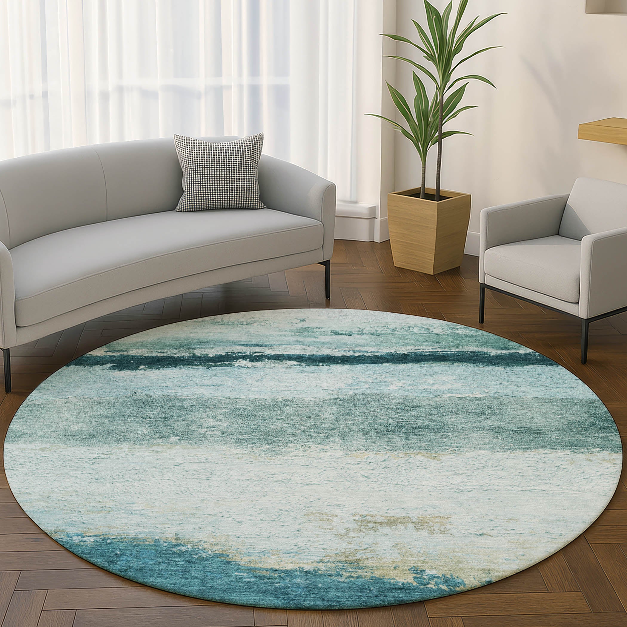 Lucerne Machine Washable Transitional Teal Rug 8' x 8' #shape_Round