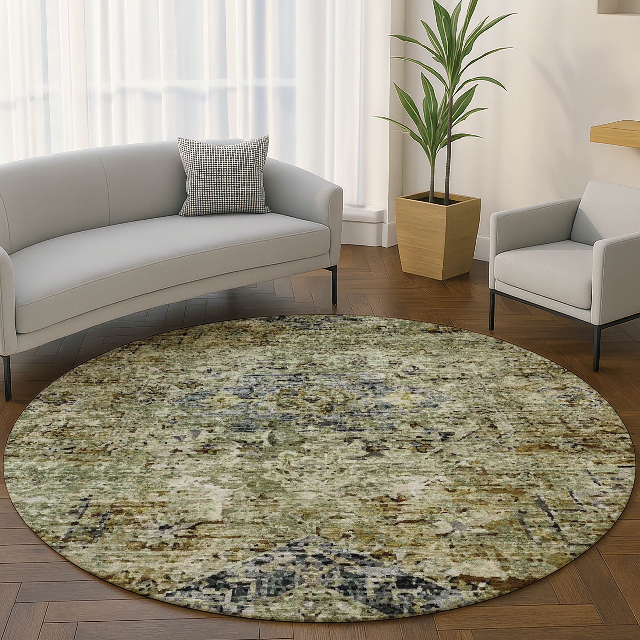 Bangkok Machine Washable Traditional Aloe Green Rug 8' x 8' #shape_Round