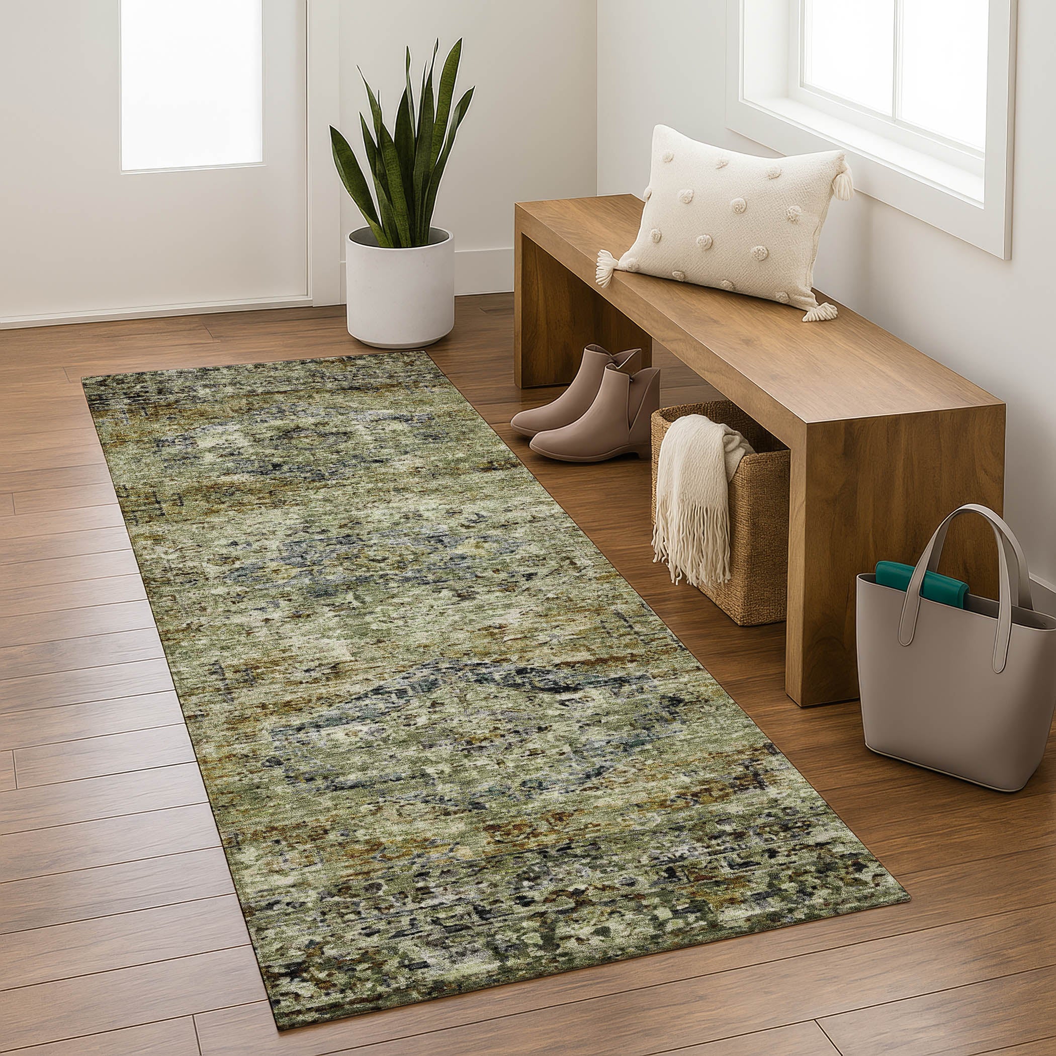 Bangkok Machine Washable Traditional Aloe Green Rug 2'3" x 7'6" #shape_Runner