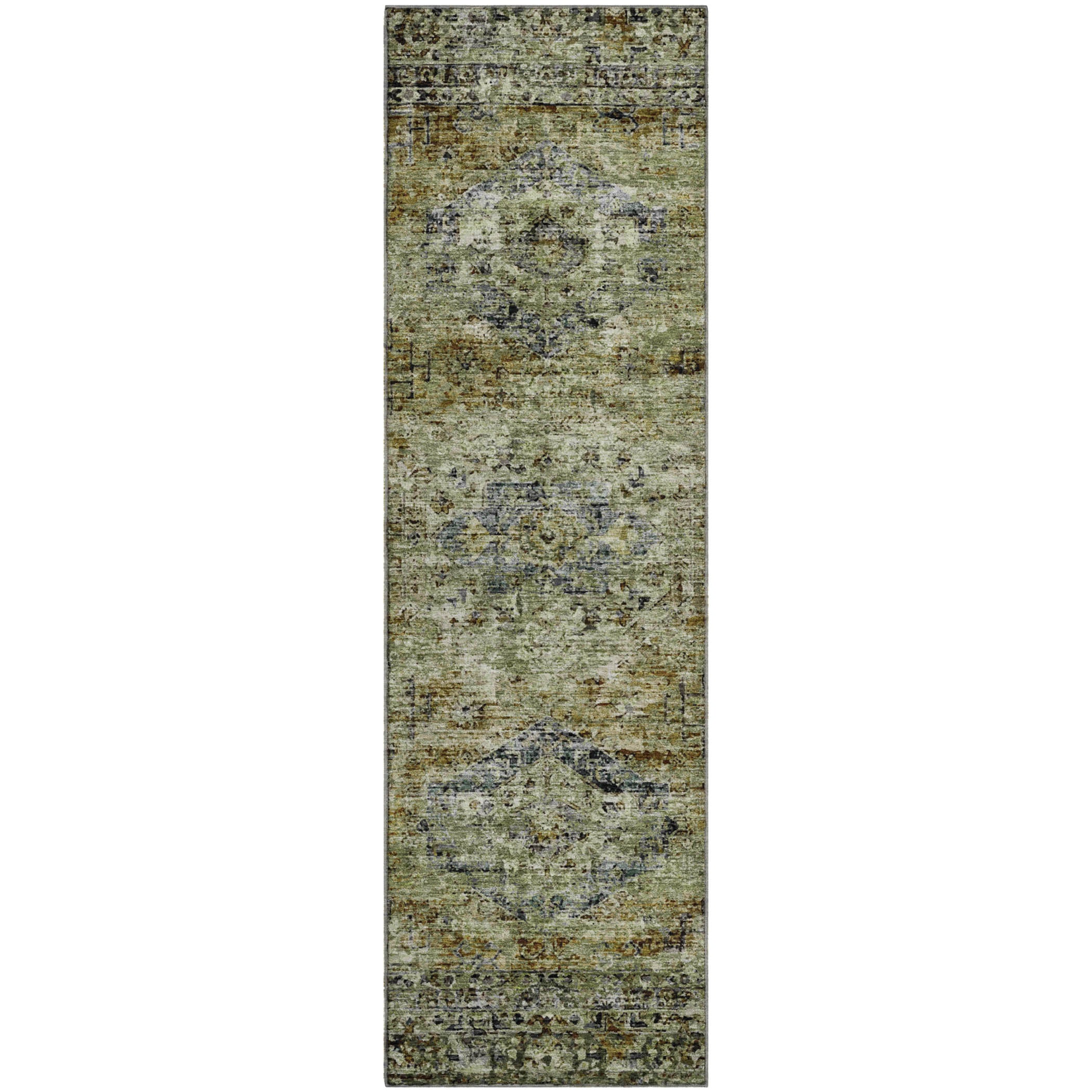 Bangkok Machine Washable Traditional Aloe Green Rug 2'3" x 7'6" #shape_Runner