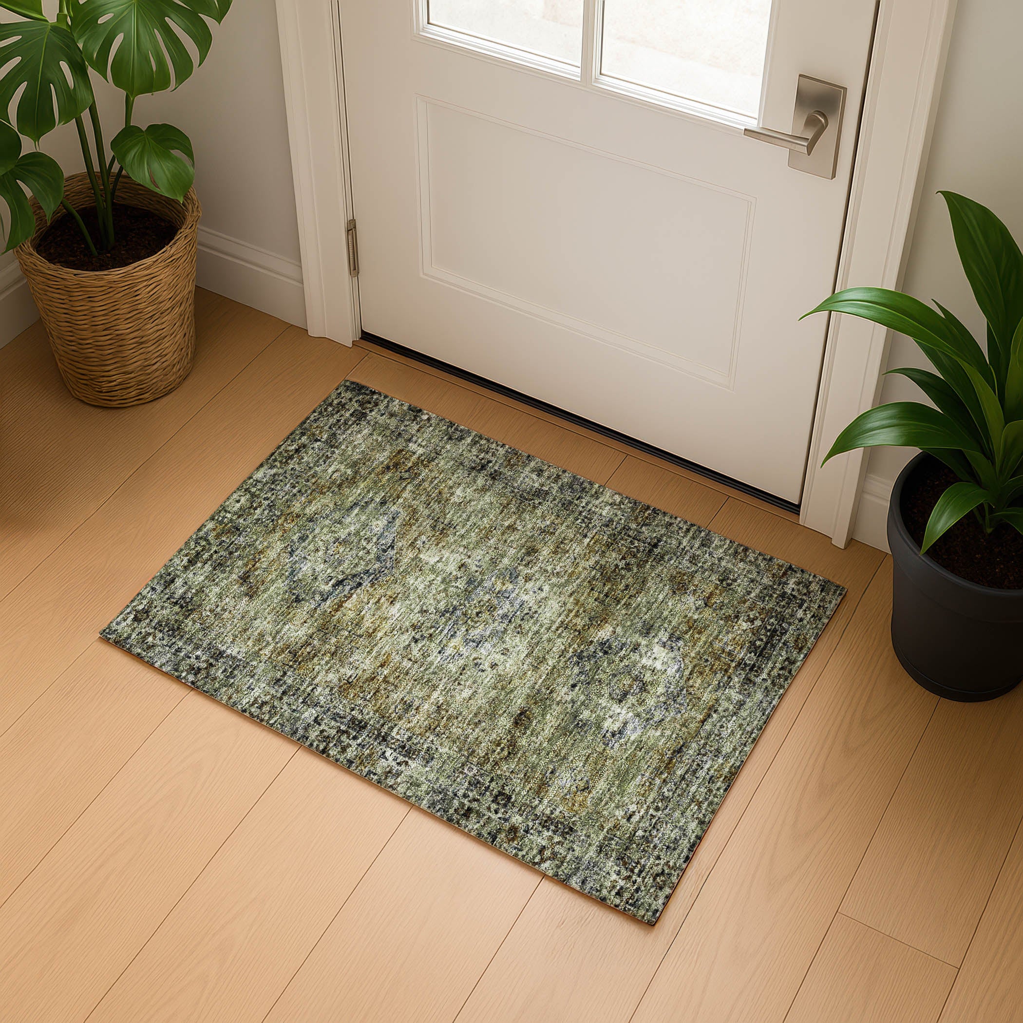 Bangkok Machine Washable Traditional Aloe Green Rug 1'8" x 2'6" #shape_Rectangle