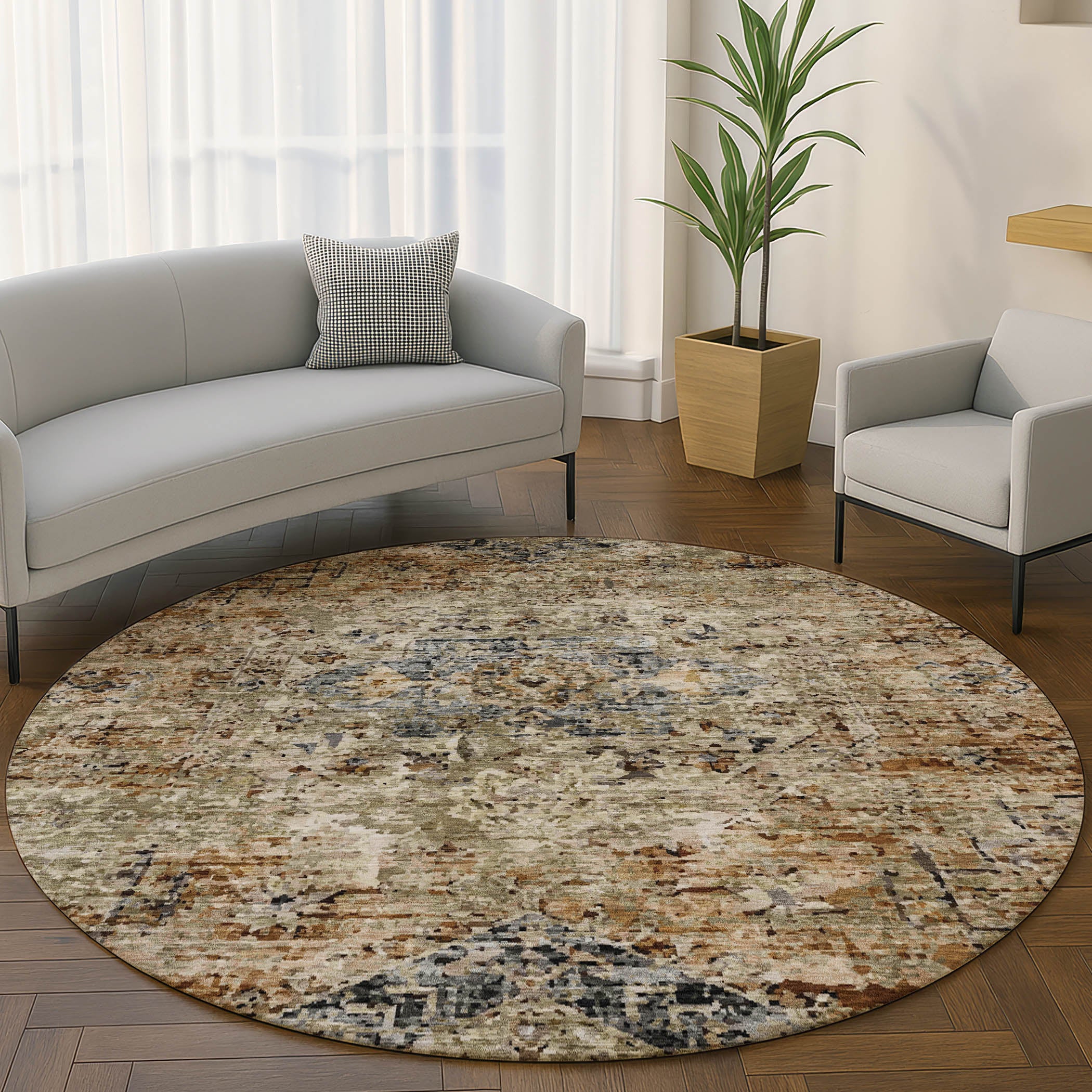 Bangkok Machine Washable Traditional Copper Orange Rug 8' x 8' #shape_Round