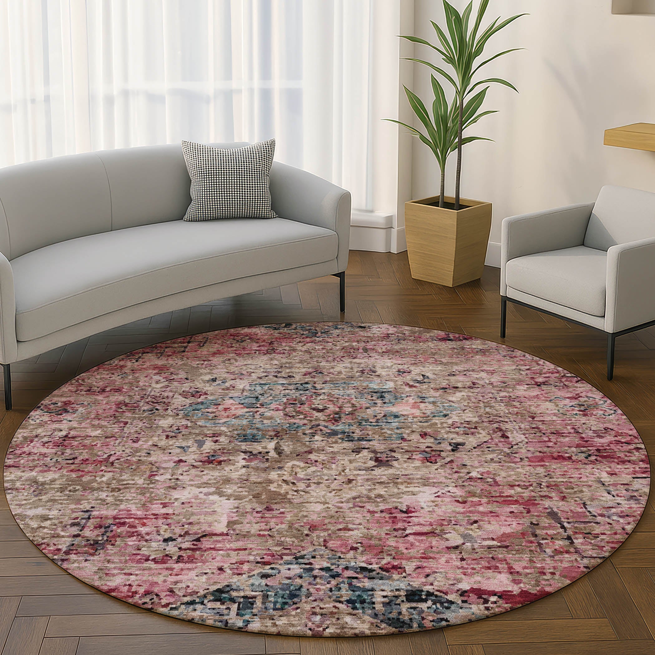 Bangkok Machine Washable Traditional Pink Rug 8' x 8' #shape_Round