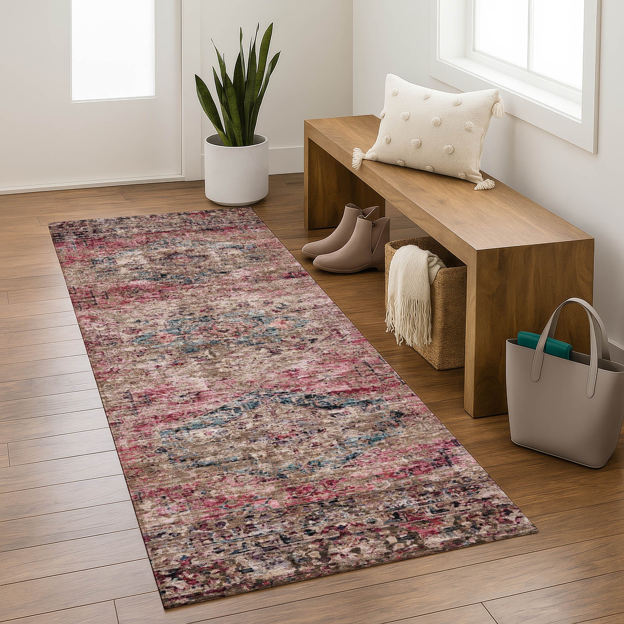 Bangkok Machine Washable Traditional Pink Rug 2'3" x 7'6" #shape_Runner