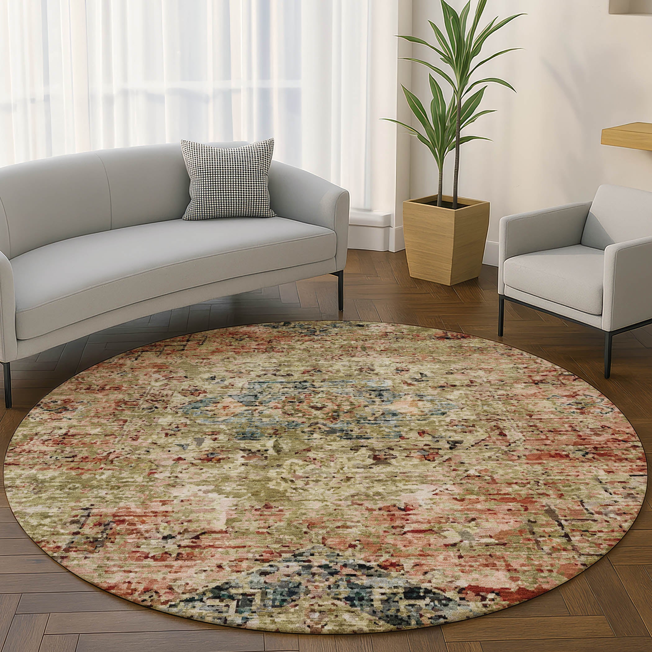 Bangkok Machine Washable Traditional Terracotta Orange Rug 8' x 8' #shape_Round