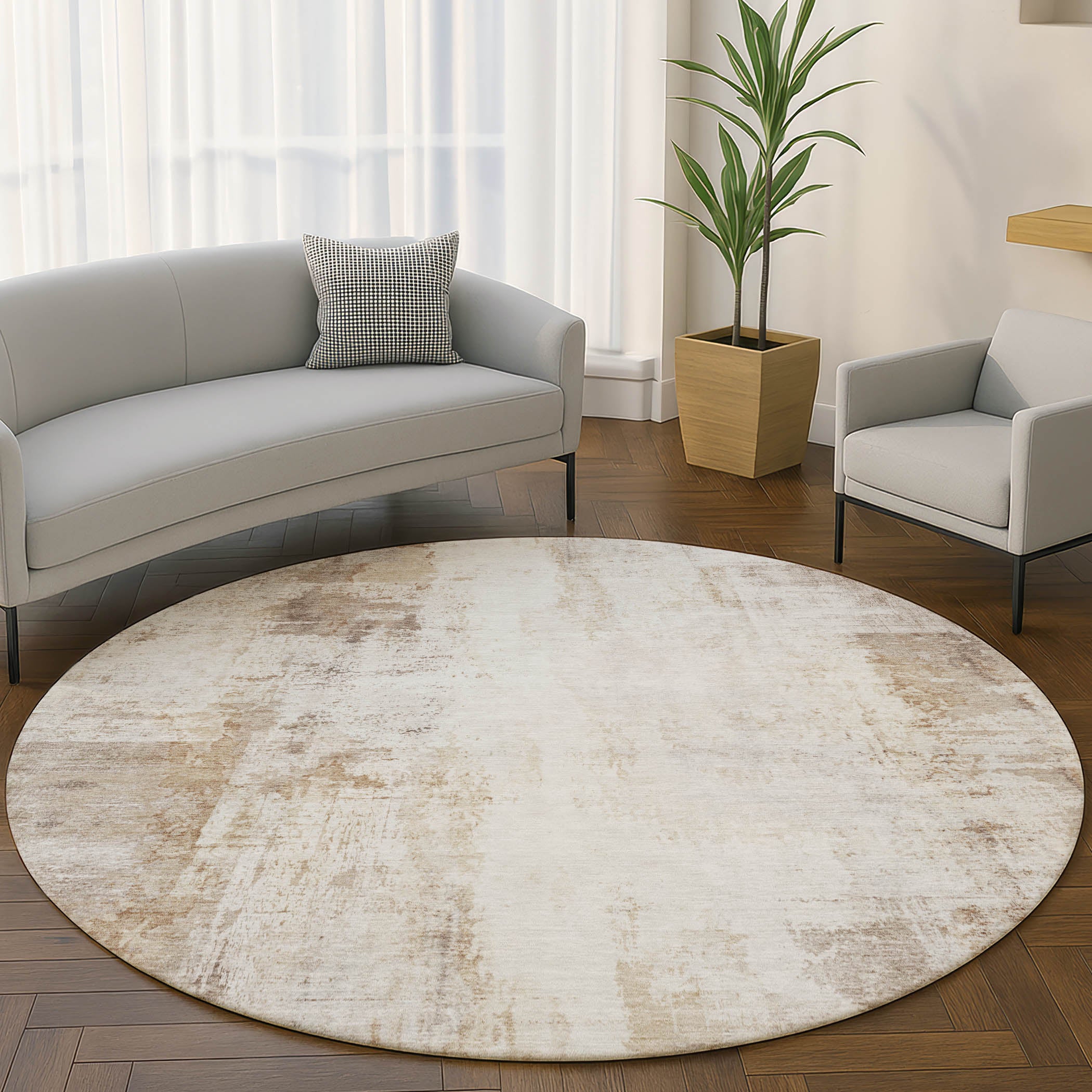 Queenstown Machine Washable Transitional Beige Brown Rug 8' x 8' #shape_Round