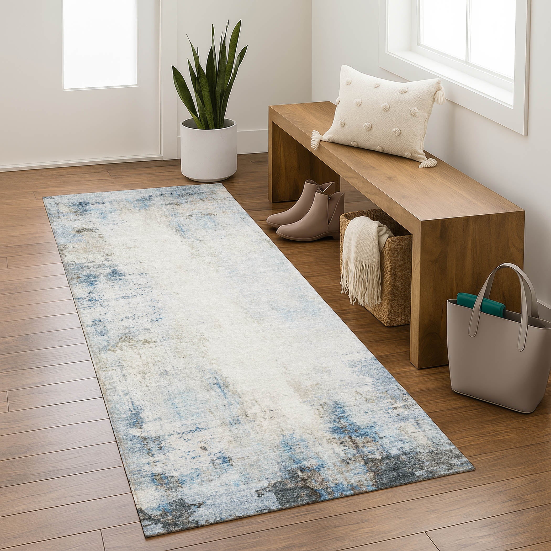 Queenstown Machine Washable Transitional Blue Rug 2'3" x 7'6" #shape_Runner
