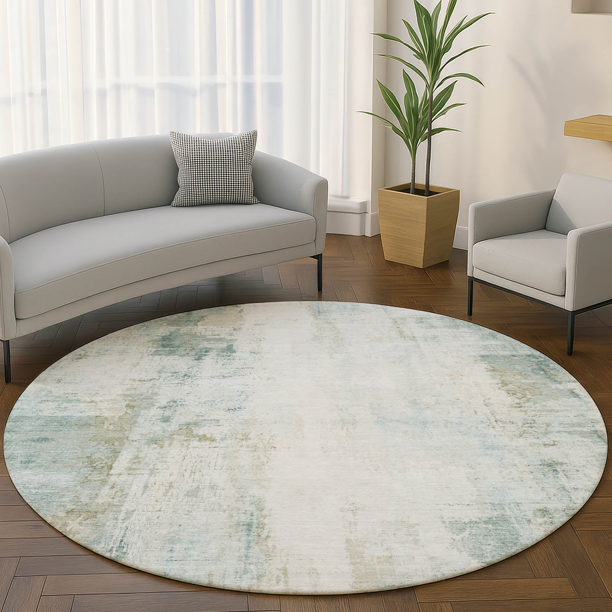 Queenstown Machine Washable Transitional Sage Green Rug 8' x 8' #shape_Round