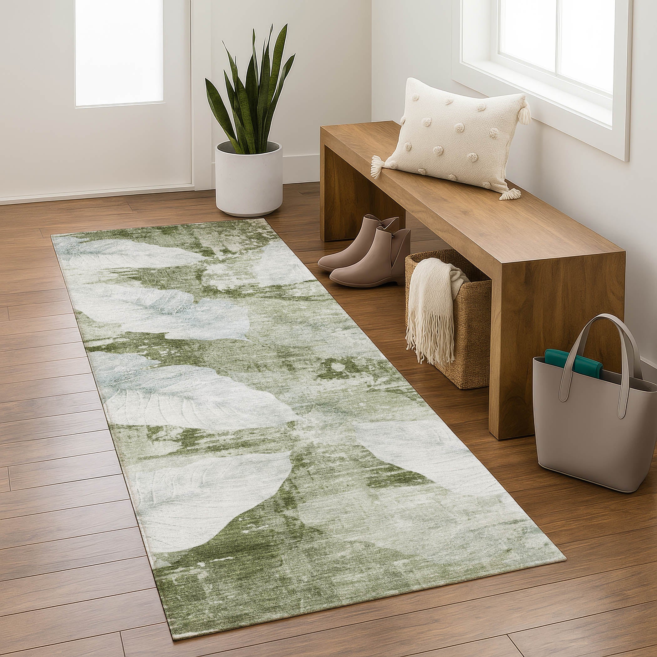 Santorini Machine Washable Transitional Aloe Green Rug 2'3" x 7'6" #shape_Runner