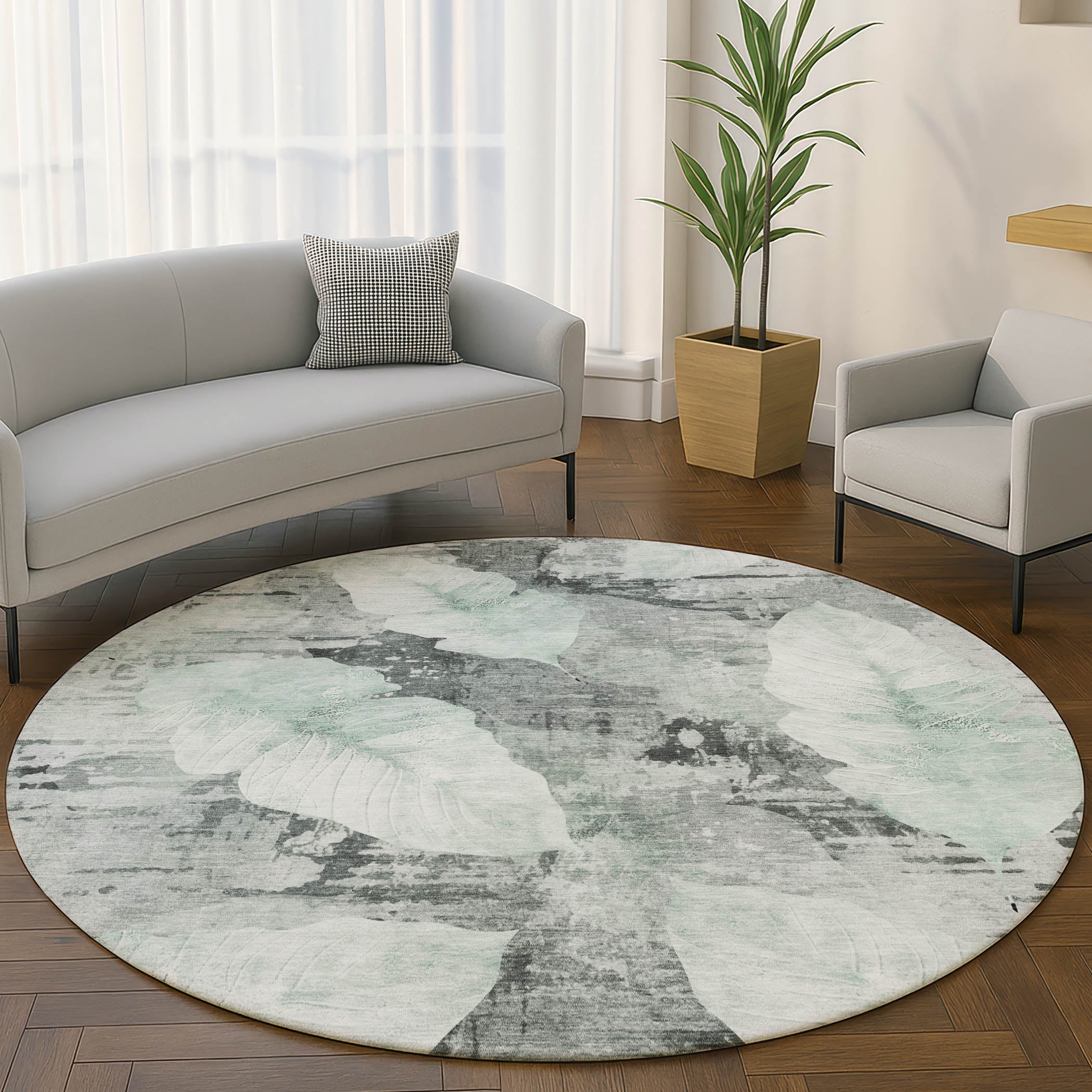 Santorini Machine Washable Transitional Teal Rug 8' x 8' #shape_Round