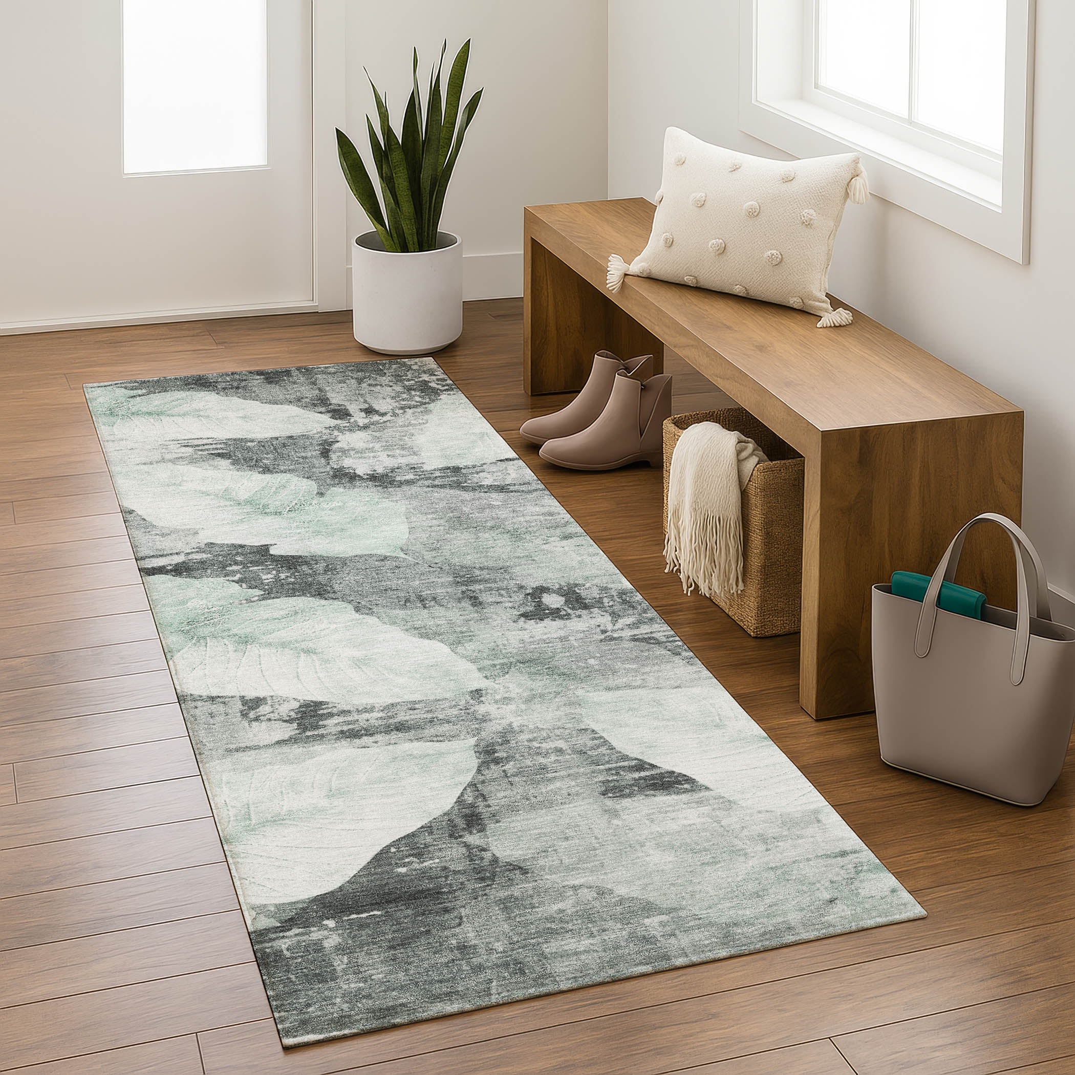 Santorini Machine Washable Transitional Teal Rug 2'3" x 7'6" #shape_Runner