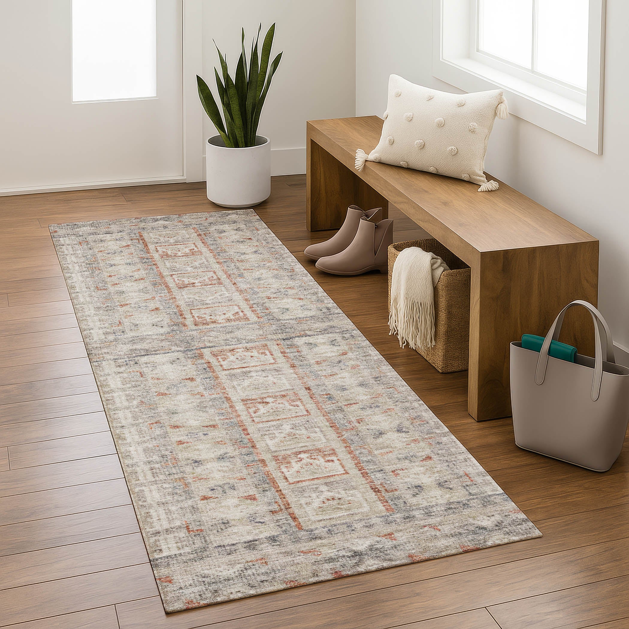 Colombo Machine Washable Transitional Beige Brown Rug 2'3" x 7'6" #shape_Runner