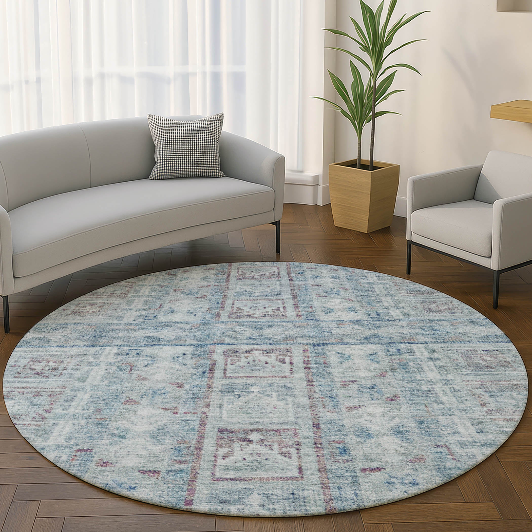 Colombo Machine Washable Transitional Blue Rug 8' x 8' #shape_Round