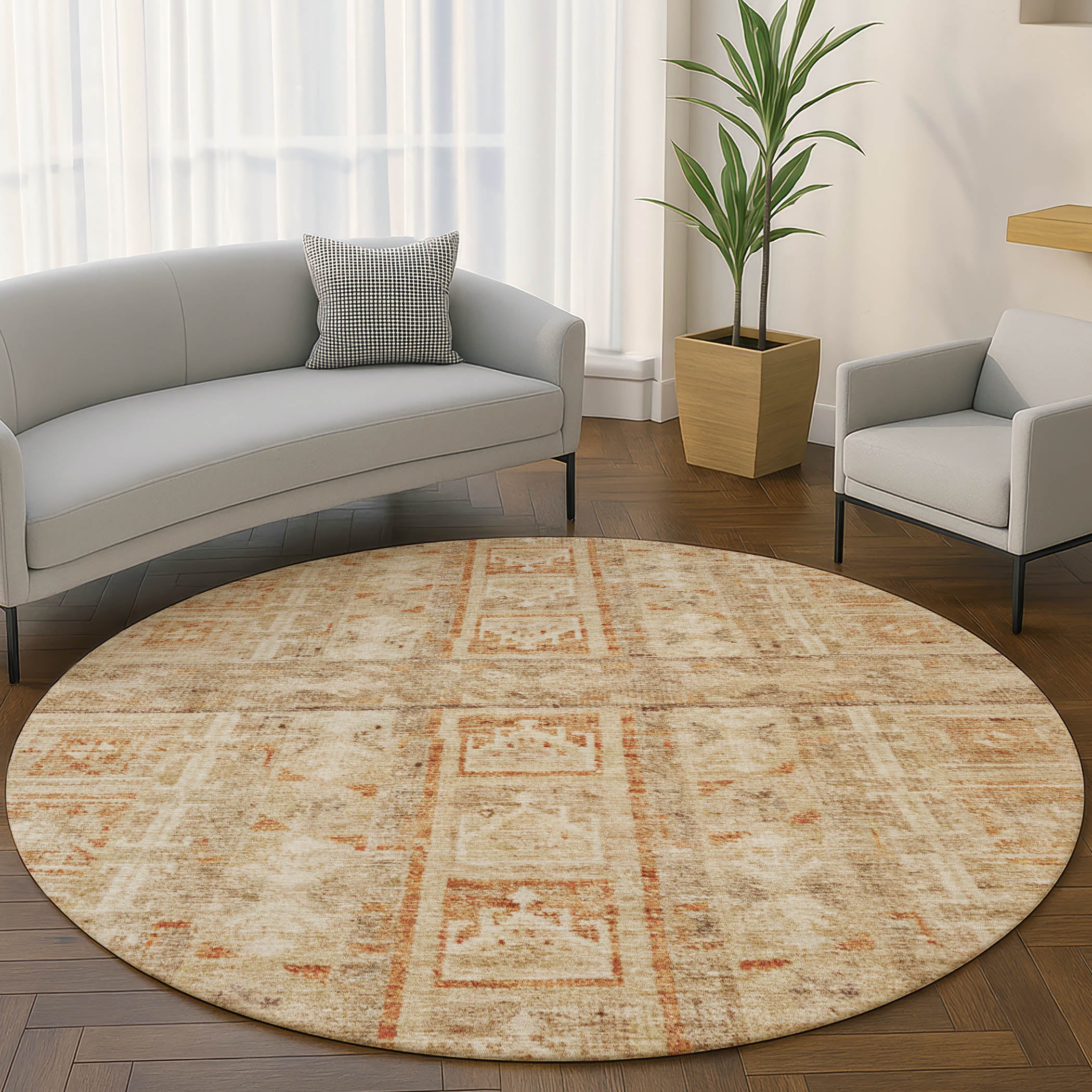 Colombo Machine Washable Transitional Paprika Orange Rug 8' x 8' #shape_Round