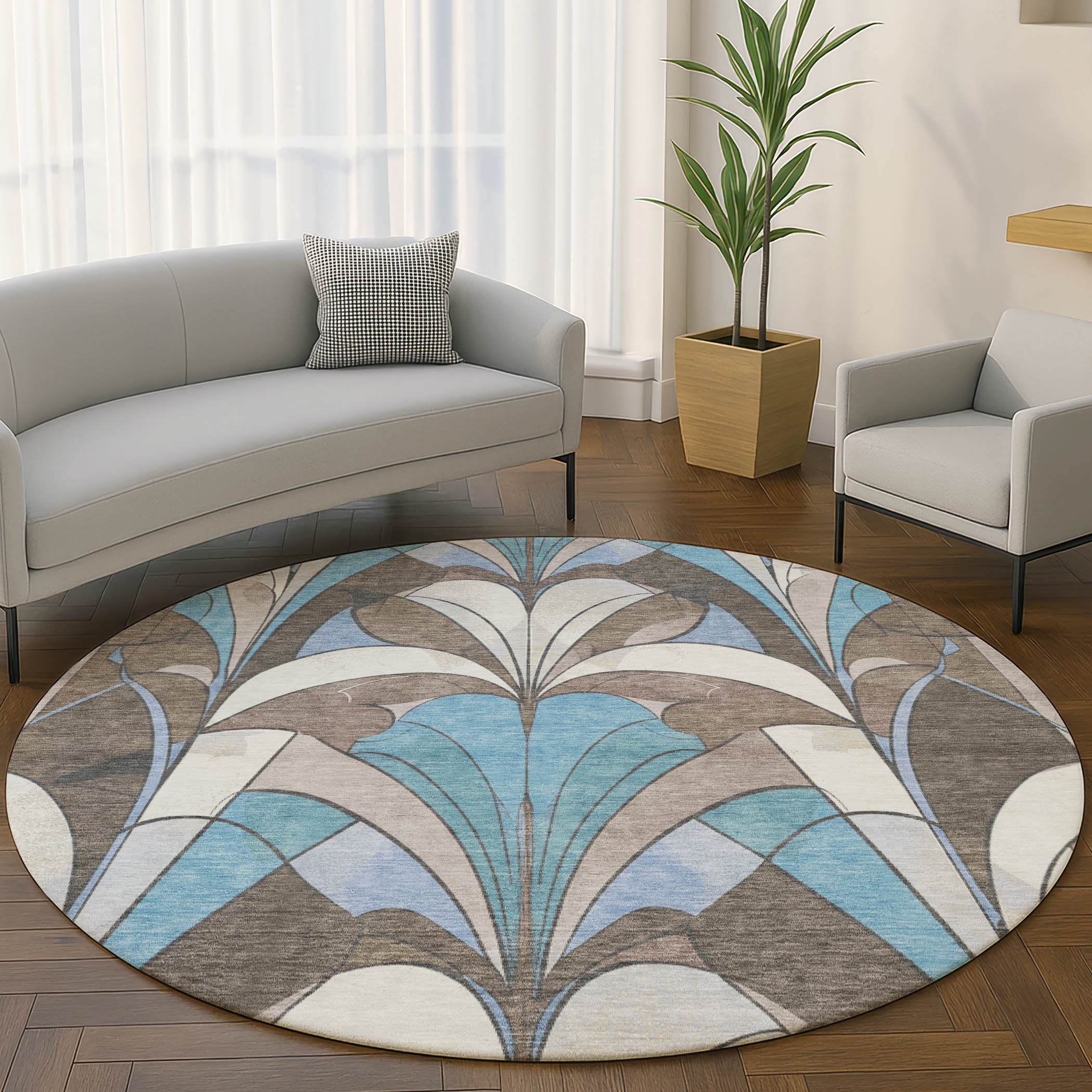 Kotor Machine Washable Transitional Brown Rug 8' x 8' #shape_Round