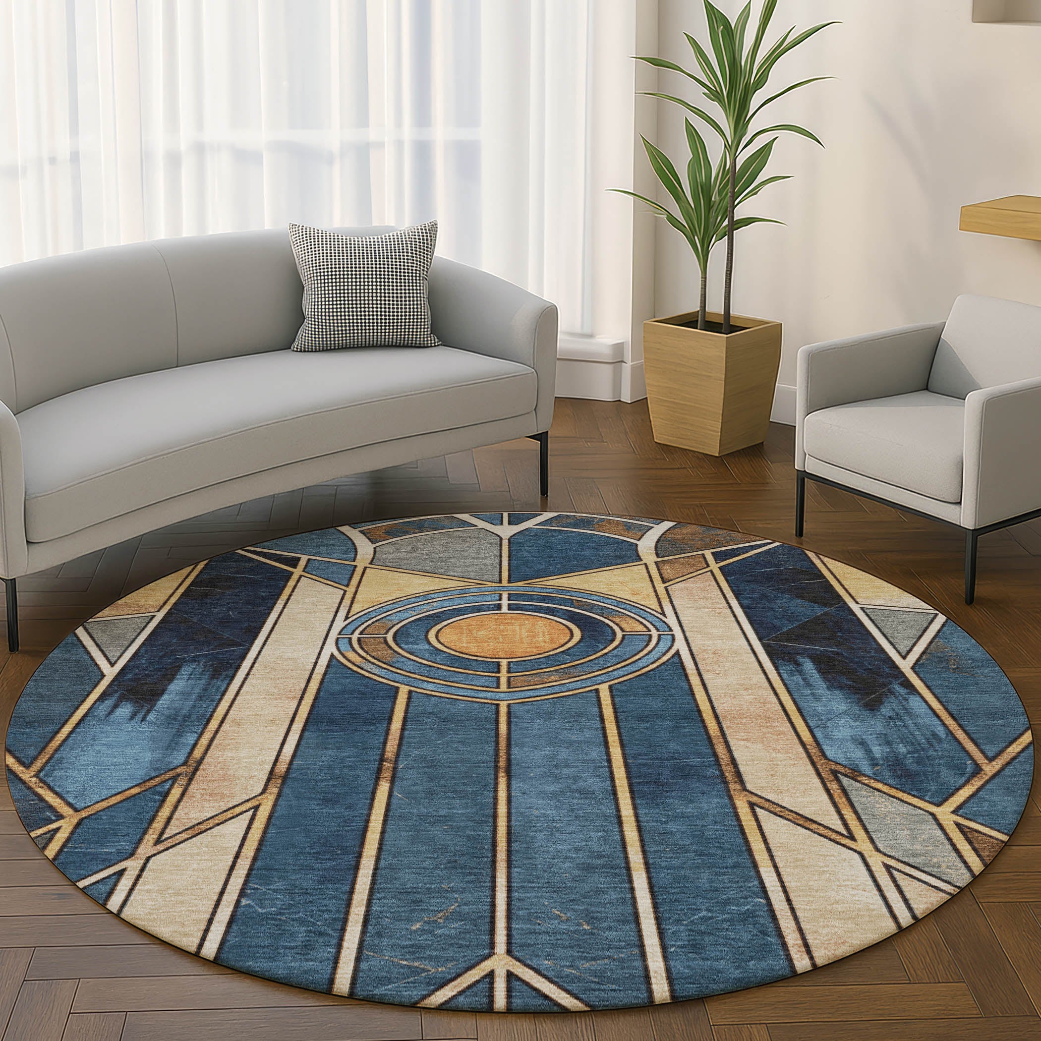 Oslo Machine Washable Transitional Blue Rug 8' x 8' #shape_Round