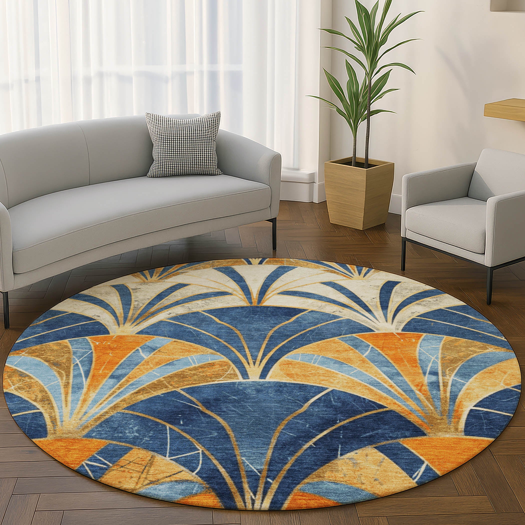 Antigua Machine Washable Transitional Blue Rug 8' x 8' #shape_Round