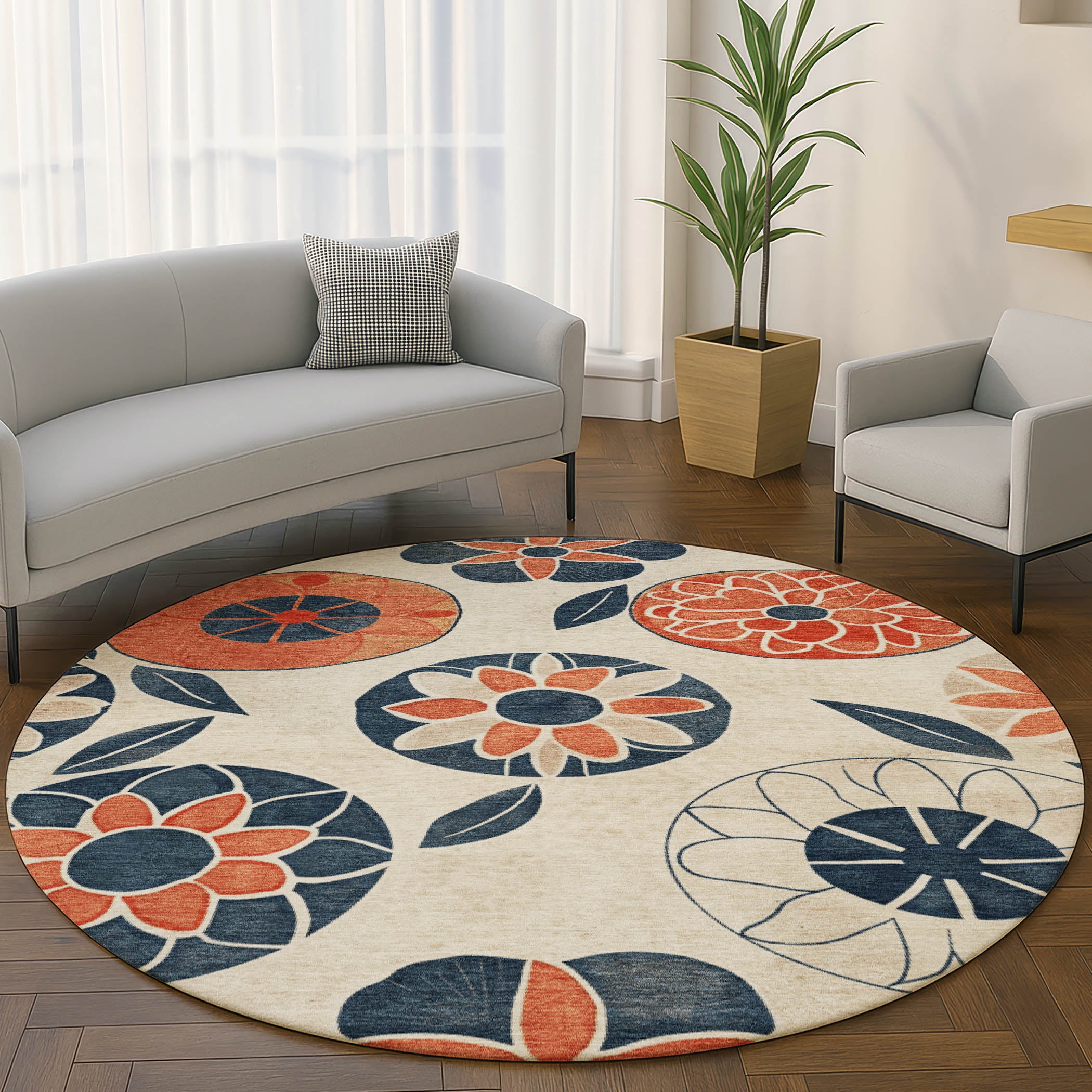 Bogota Machine Washable Transitional Beige Brown Rug 8' x 8' #shape_Round