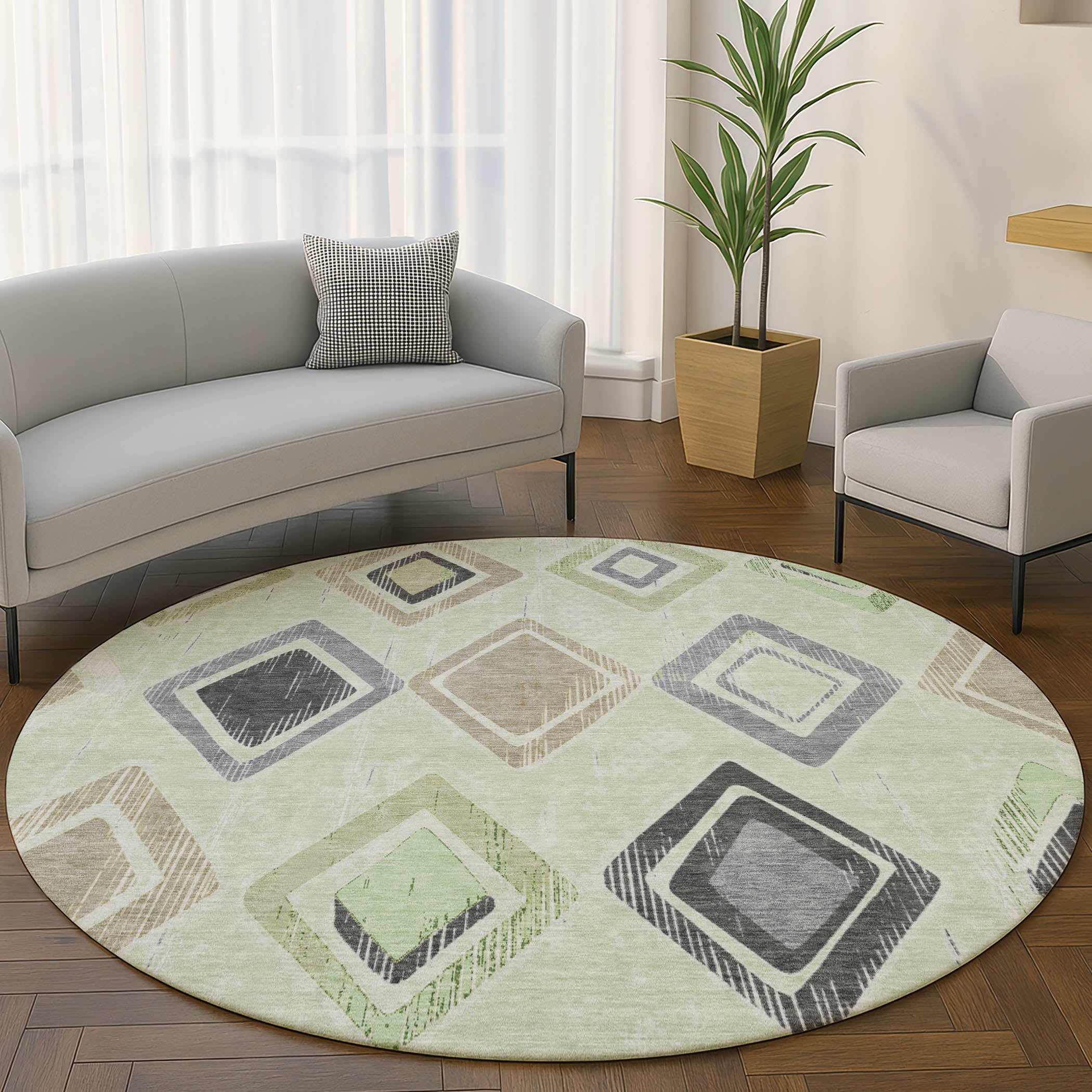 Lucerne Machine Washable Transitional Aloe Green Rug 8' x 8' #shape_Round