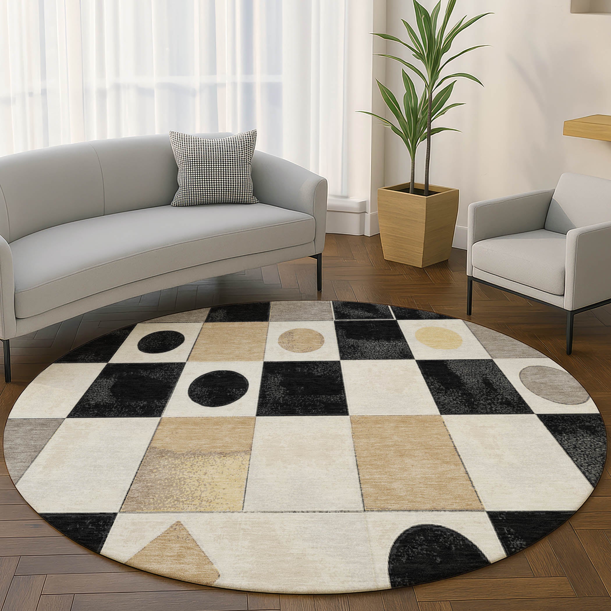 Istanbul Machine Washable Transitional Black Rug 8' x 8' #shape_Round