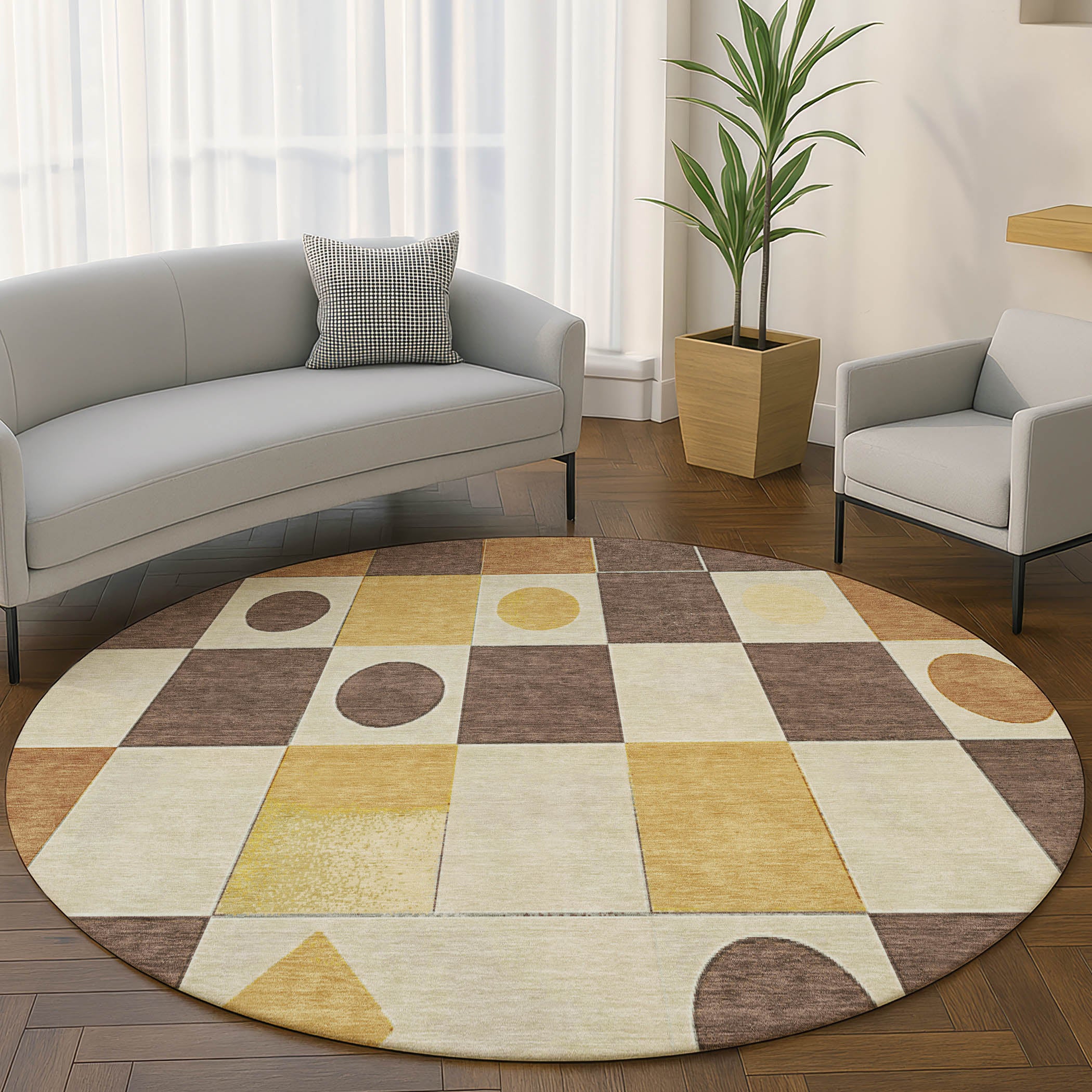 Istanbul Machine Washable Transitional Brown Rug 8' x 8' #shape_Round