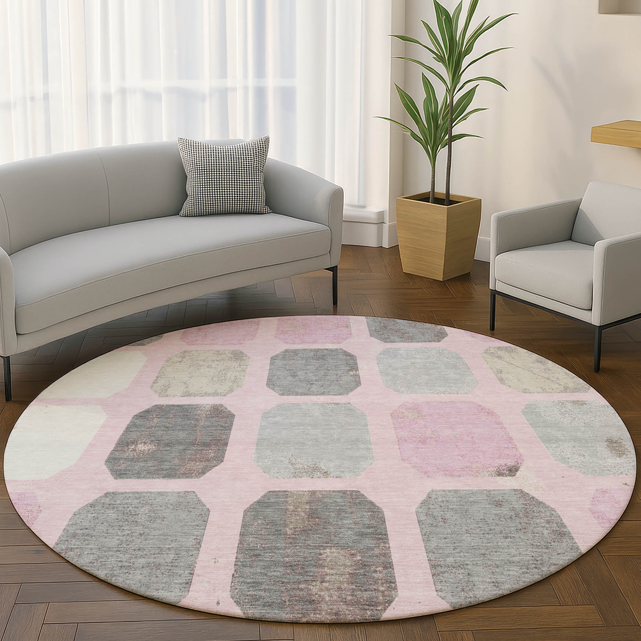 Dublin Machine Washable Transitional Pink Rug 8' x 8' #shape_Round