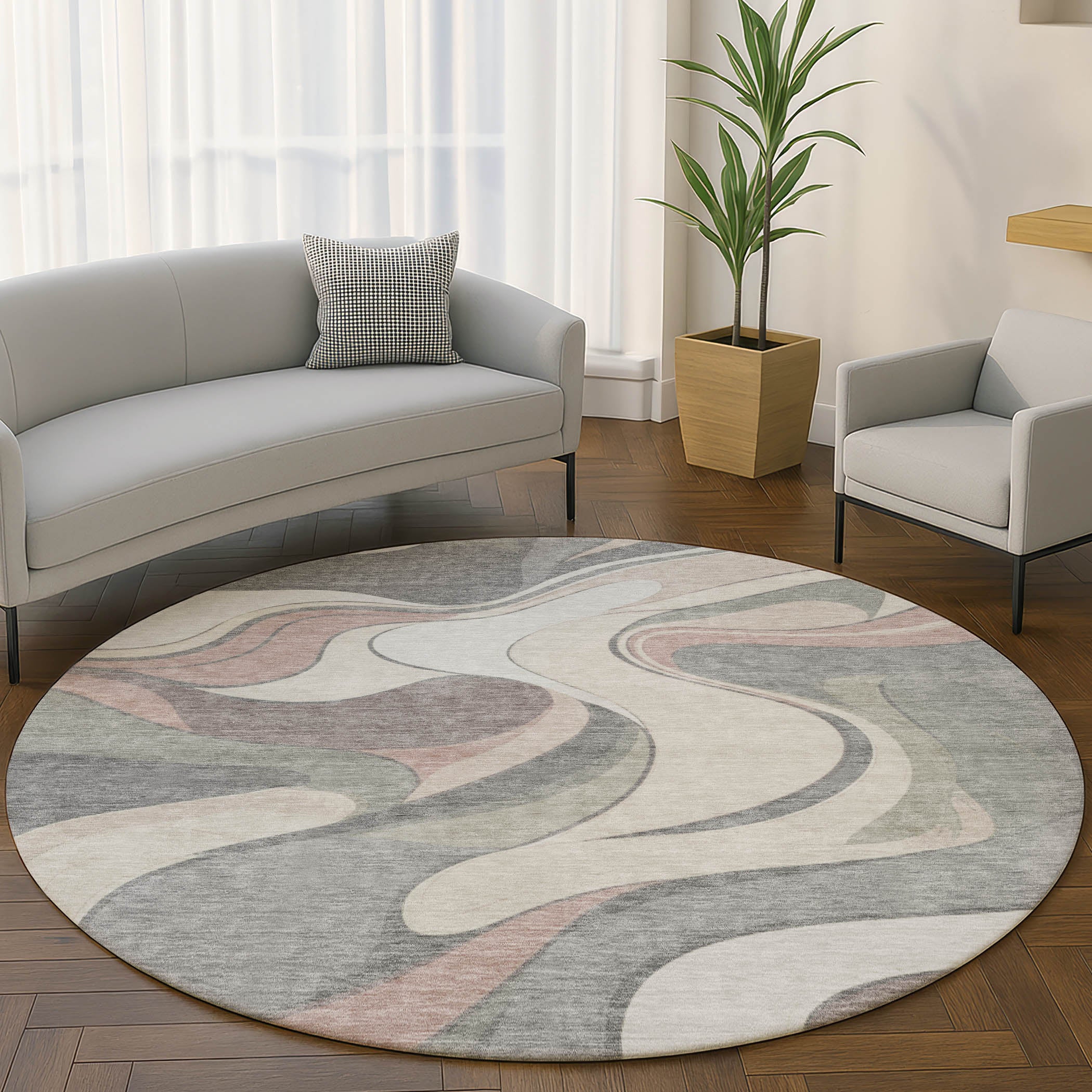 Reykjavik Machine Washable Transitional Beige Brown Rug 8' x 8' #shape_Round