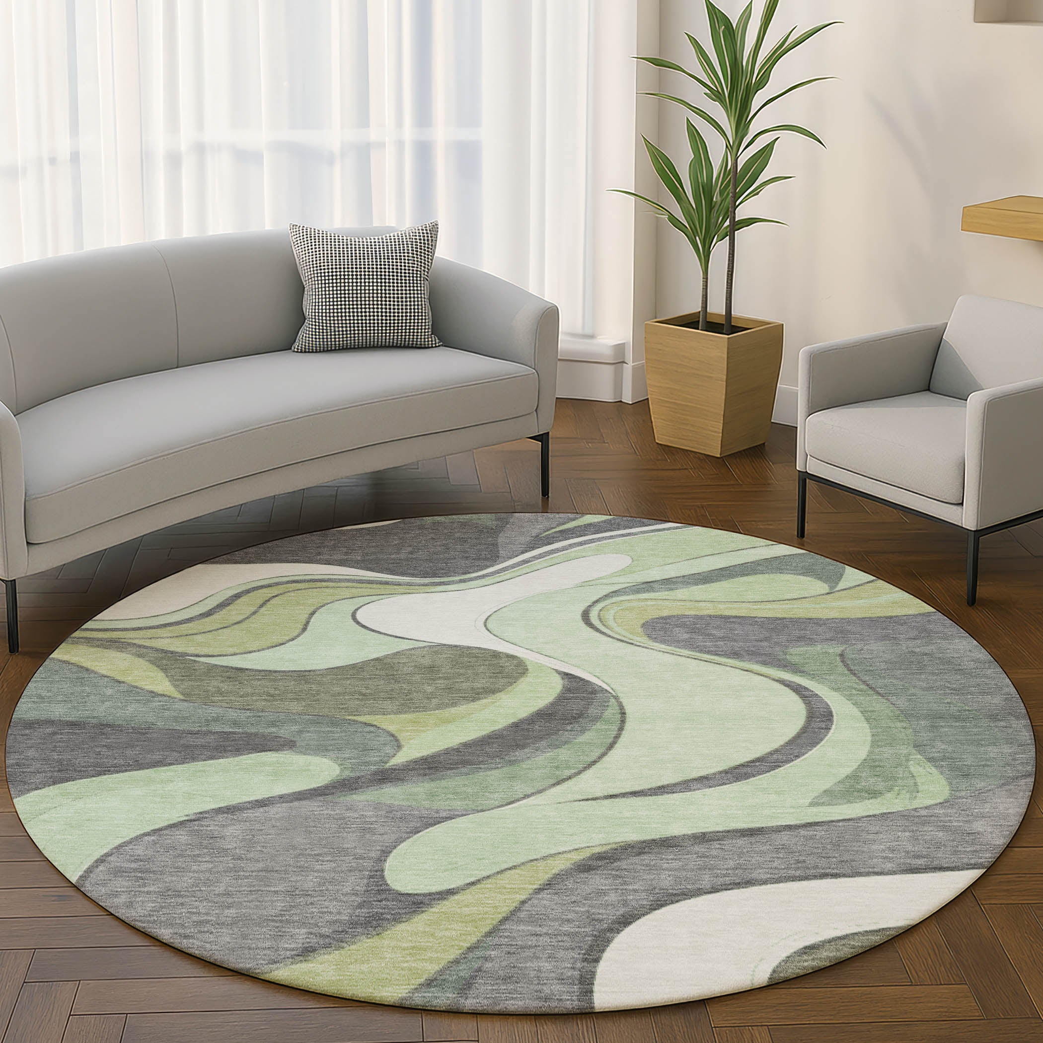 Reykjavik Machine Washable Transitional Green Rug 8' x 8' #shape_Round