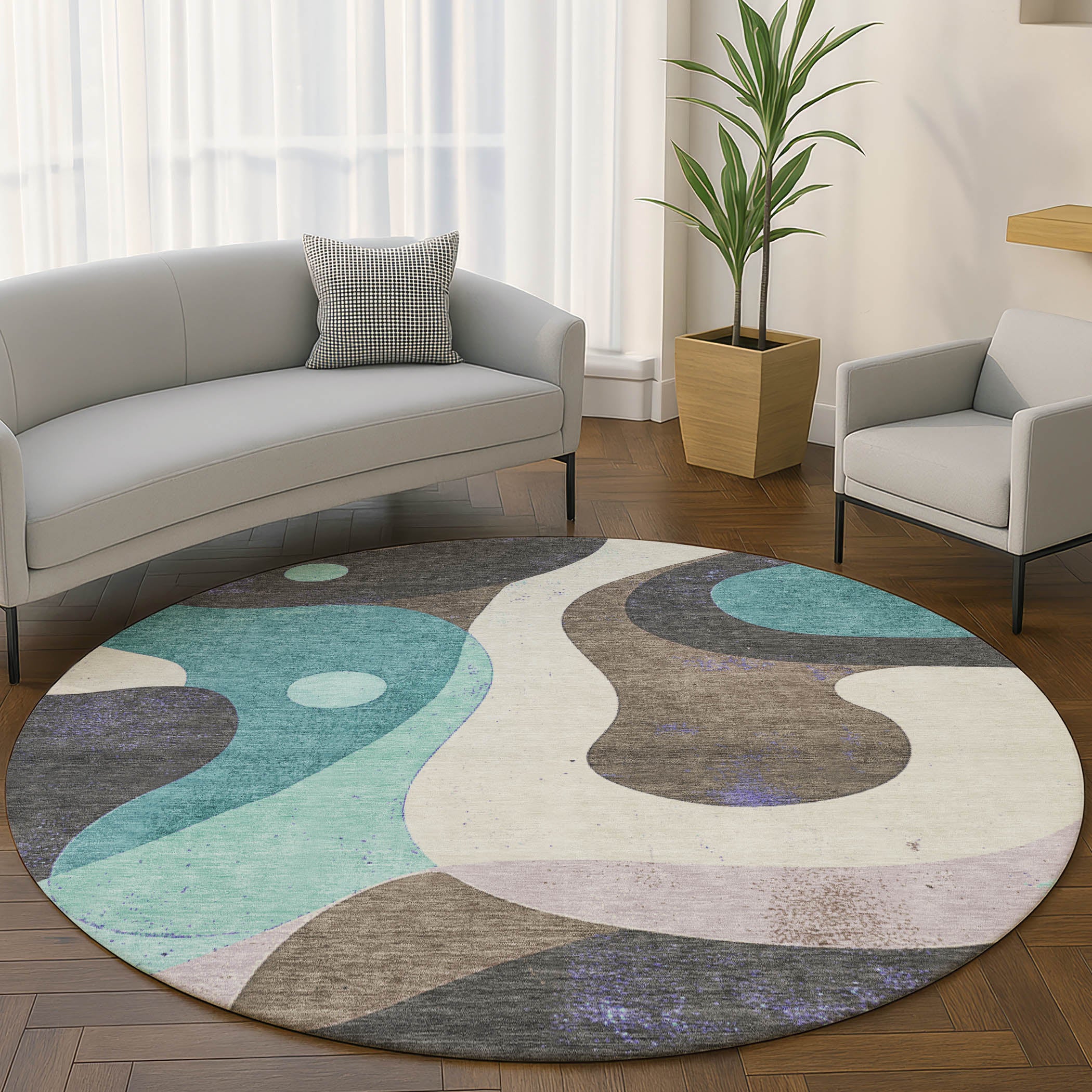 Tallinn Machine Washable Transitional Teal Rug 8' x 8' #shape_Round