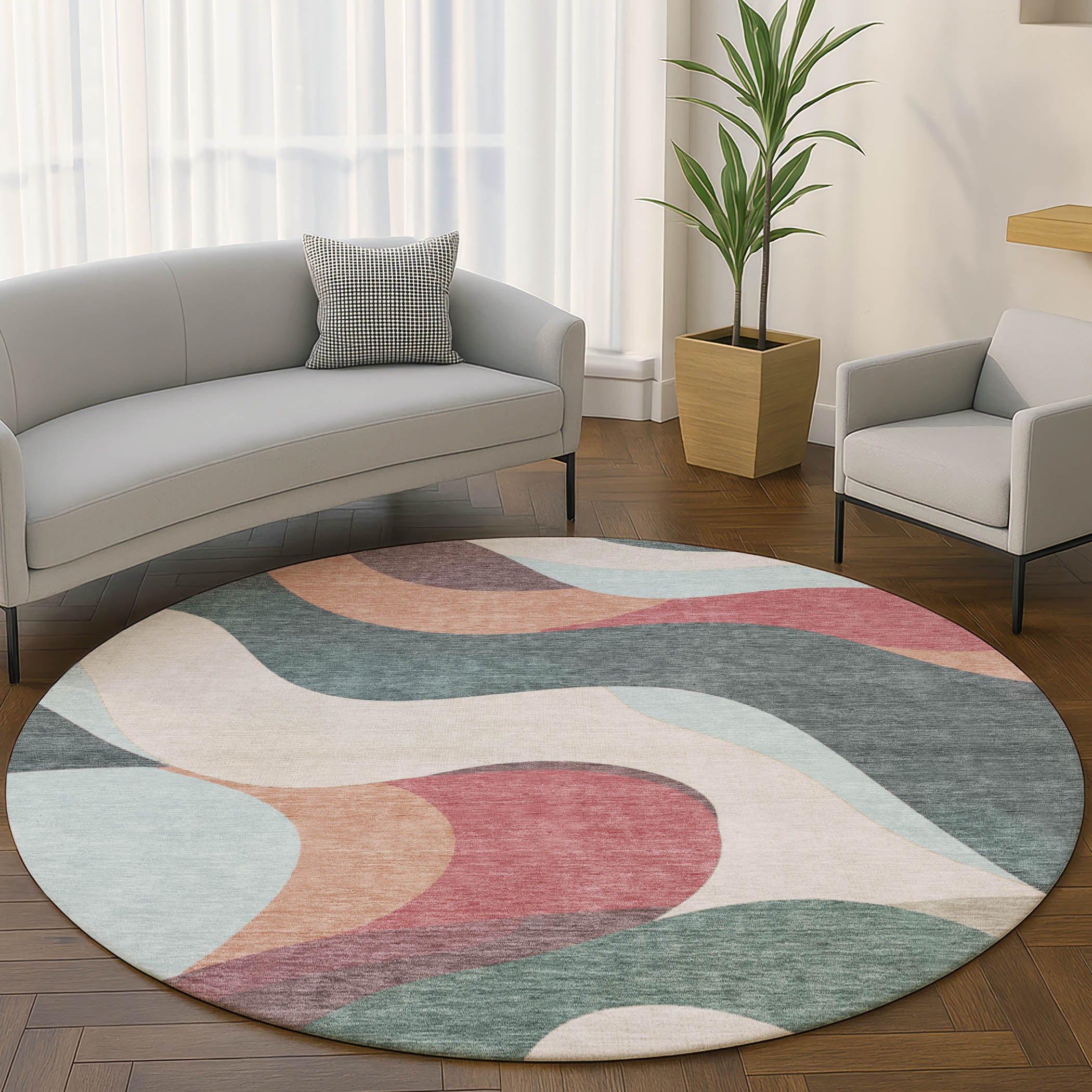 Reykjavik Machine Washable Transitional Coral Orange Rug 8' x 8' #shape_Round