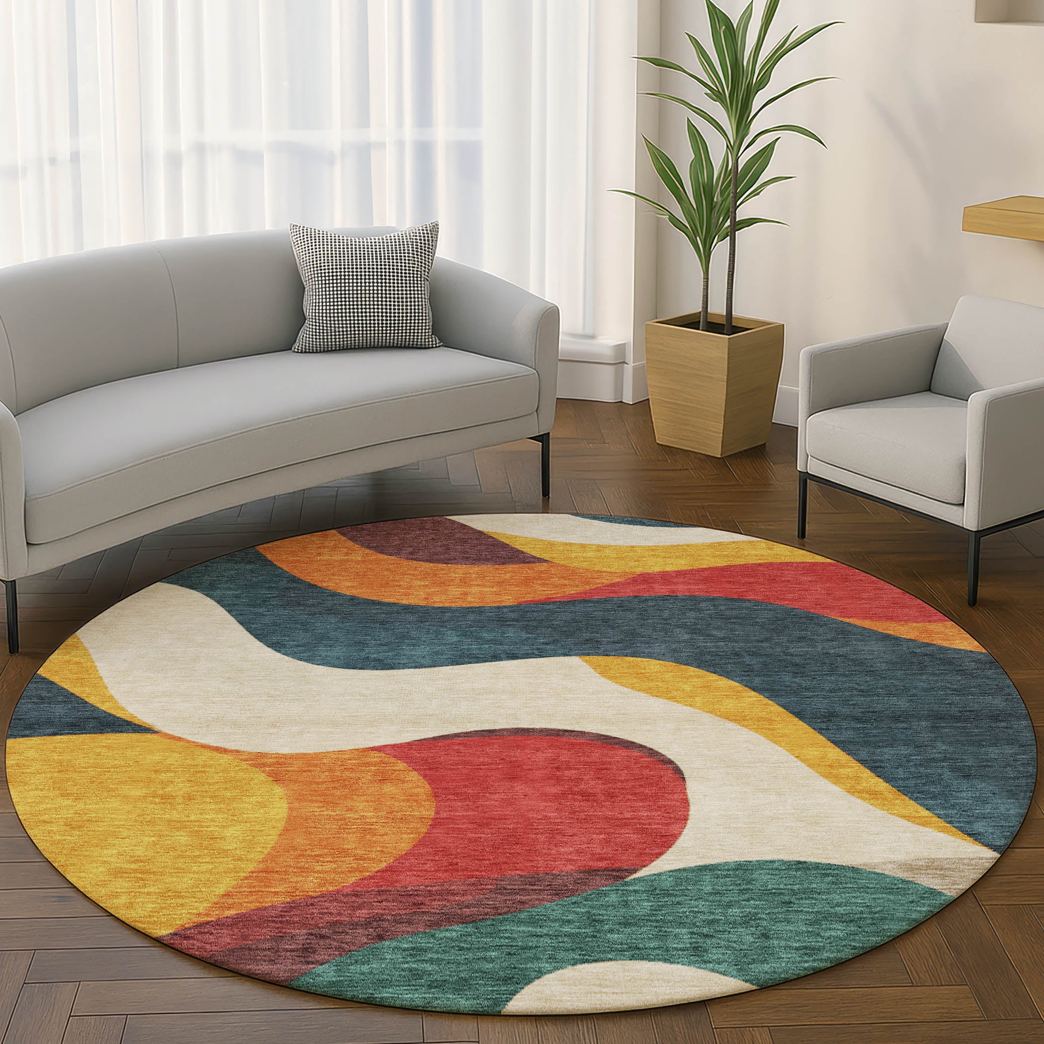 Reykjavik Machine Washable Transitional Orange Rug 8' x 8' #shape_Round