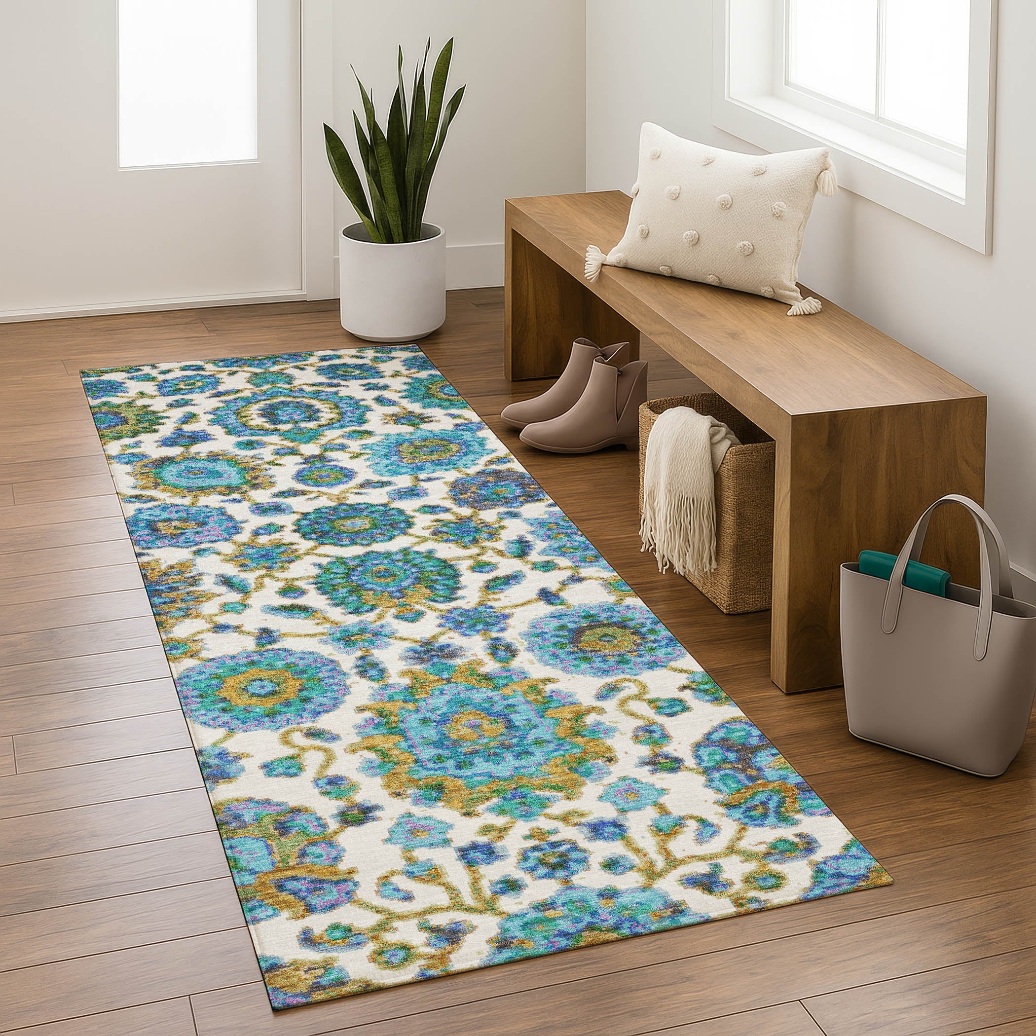 Seoul Machine Washable Traditional Aqua Teal Rug 2'3" x 7'6" #shape_Runner
