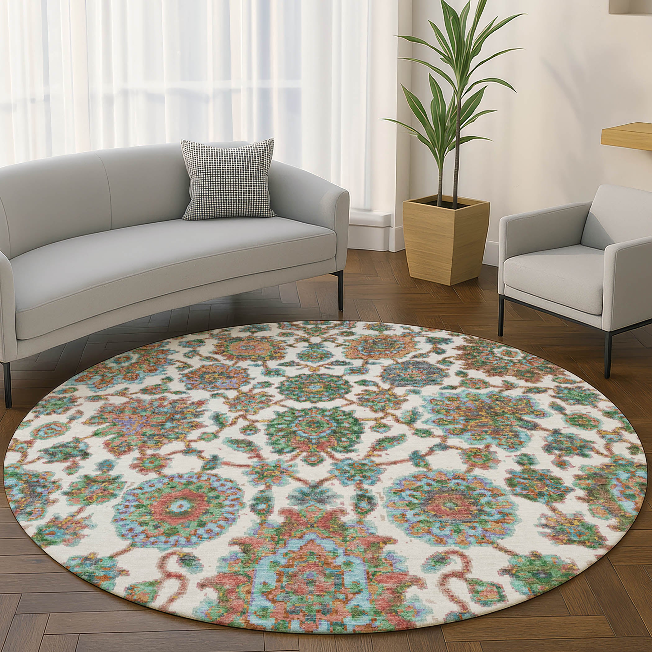 Seoul Machine Washable Traditional Coral Orange Rug 8' x 8' #shape_Round