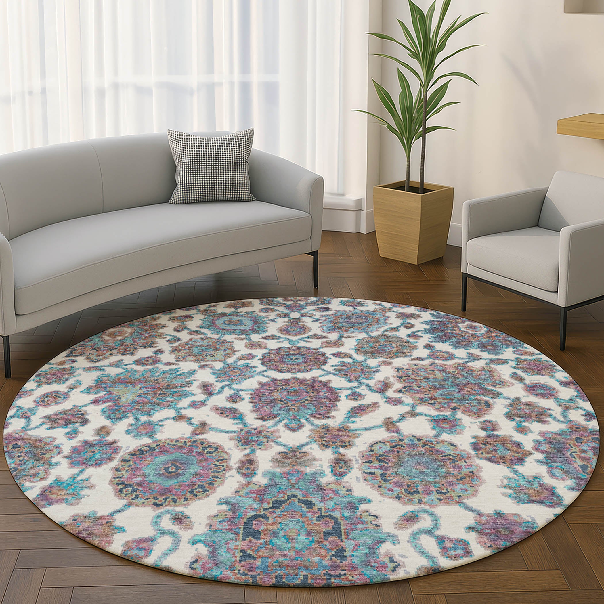 Seoul Machine Washable Traditional Teal Rug 8' x 8' #shape_Round