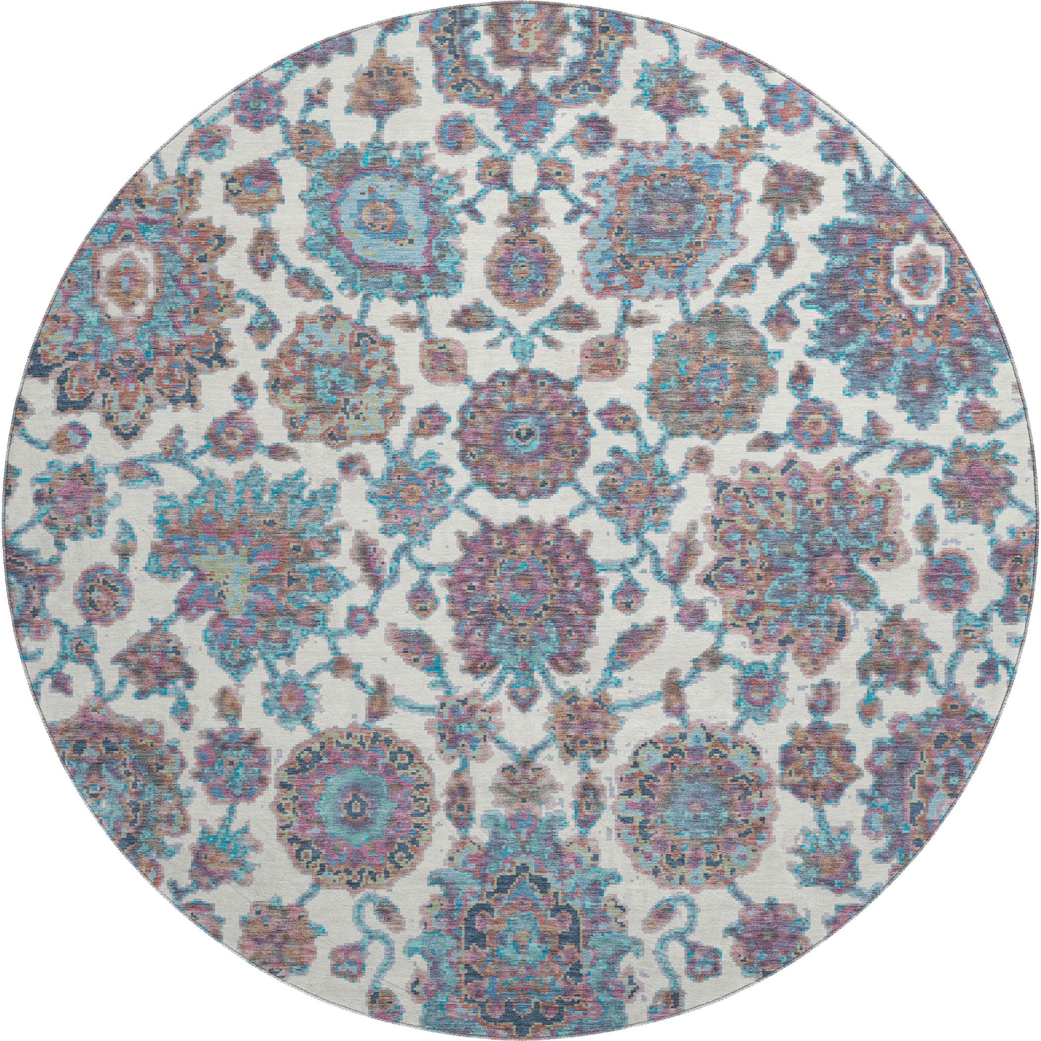 Seoul Machine Washable Traditional Teal Rug 8' x 8' #shape_Round