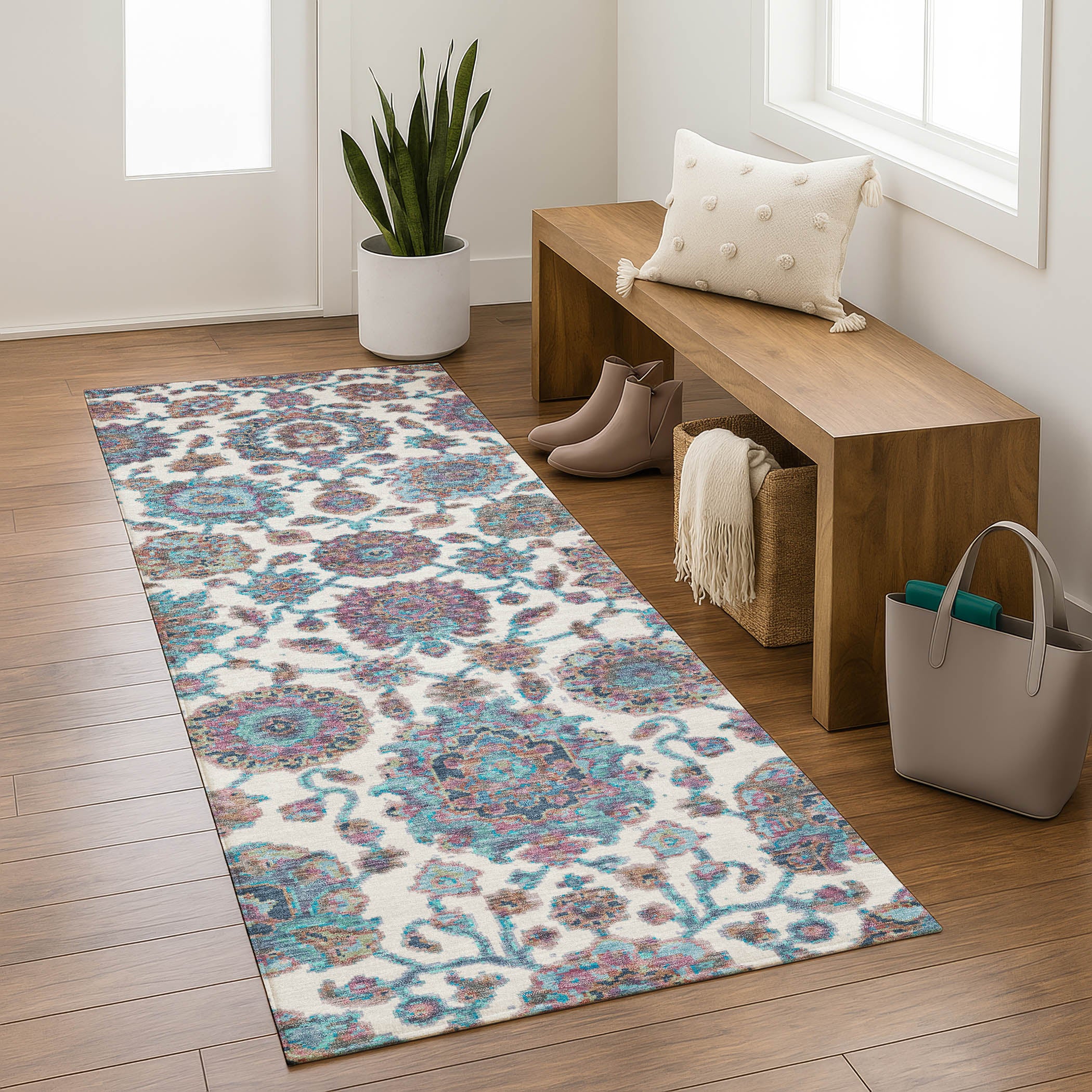Seoul Machine Washable Traditional Teal Rug 2'3" x 7'6" #shape_Runner