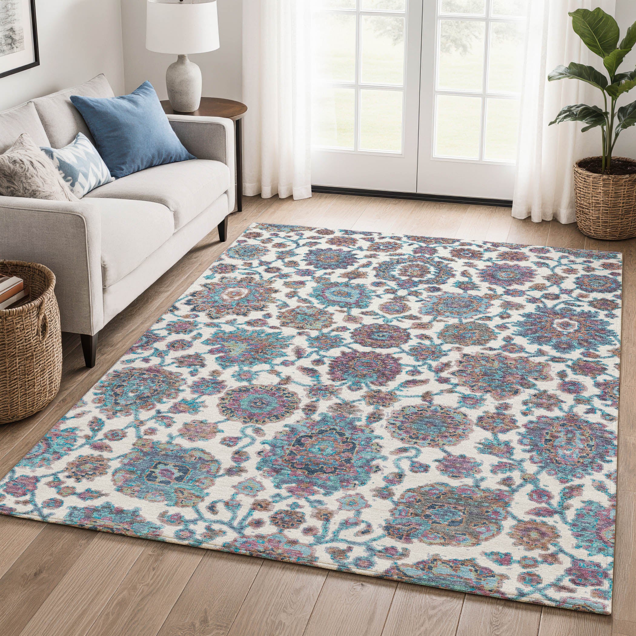 Seoul Machine Washable Traditional Teal Rug 2'6" x 3'10" #shape_Rectangle