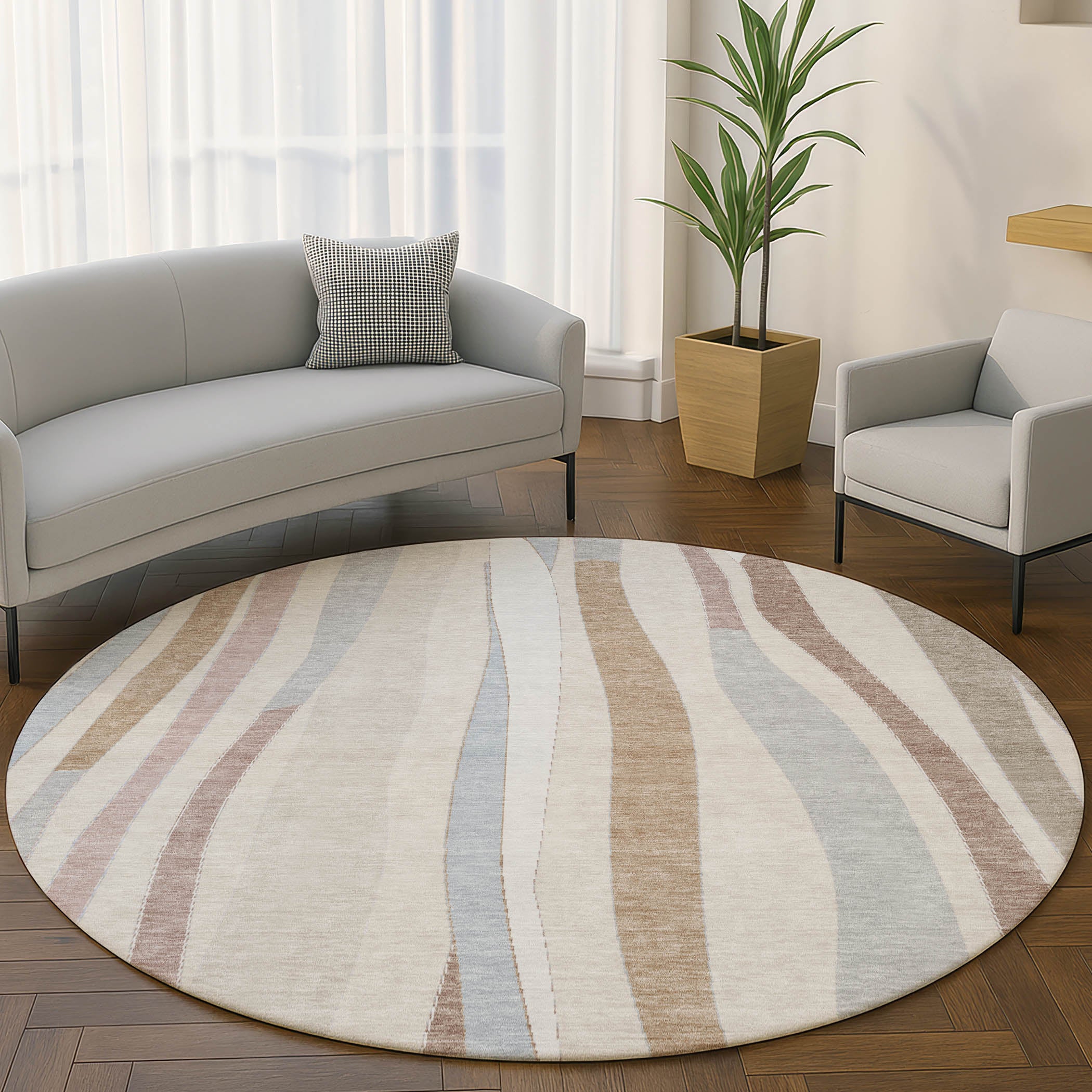 Zanzibar Machine Washable Transitional Beige Brown Rug 8' x 8' #shape_Round