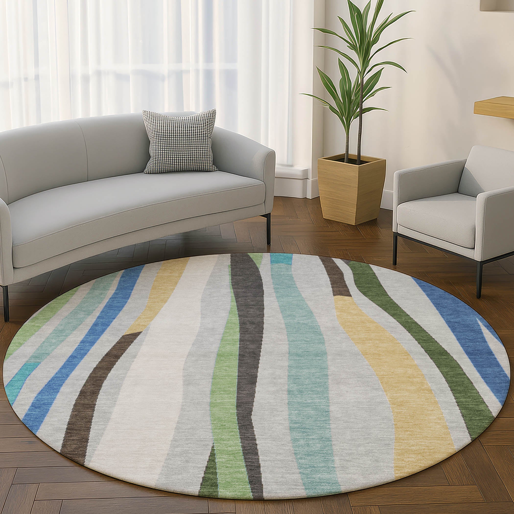 Zanzibar Machine Washable Transitional Green Rug 8' x 8' #shape_Round