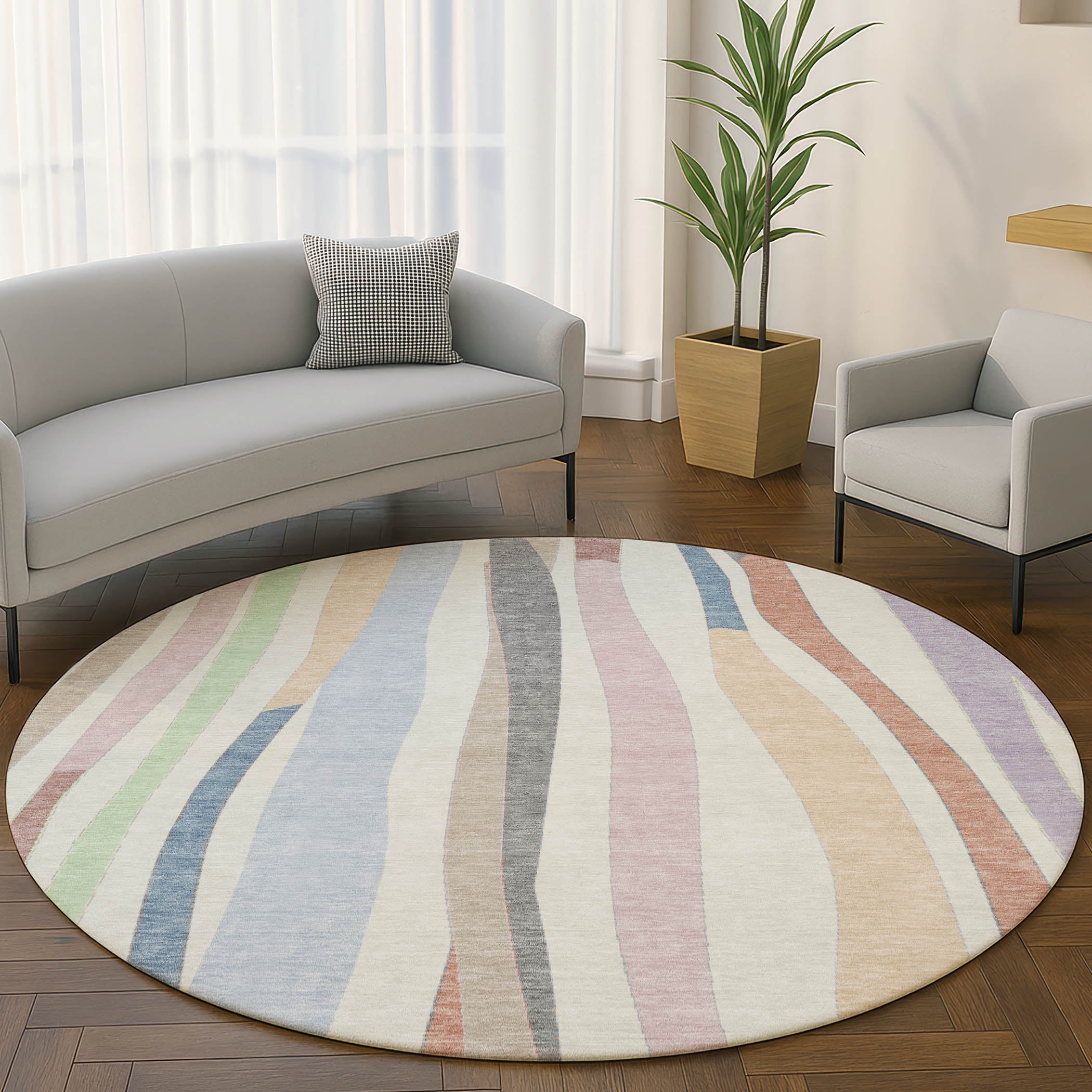Zanzibar Machine Washable Transitional Pearl Ivory Rug 8' x 8' #shape_Round