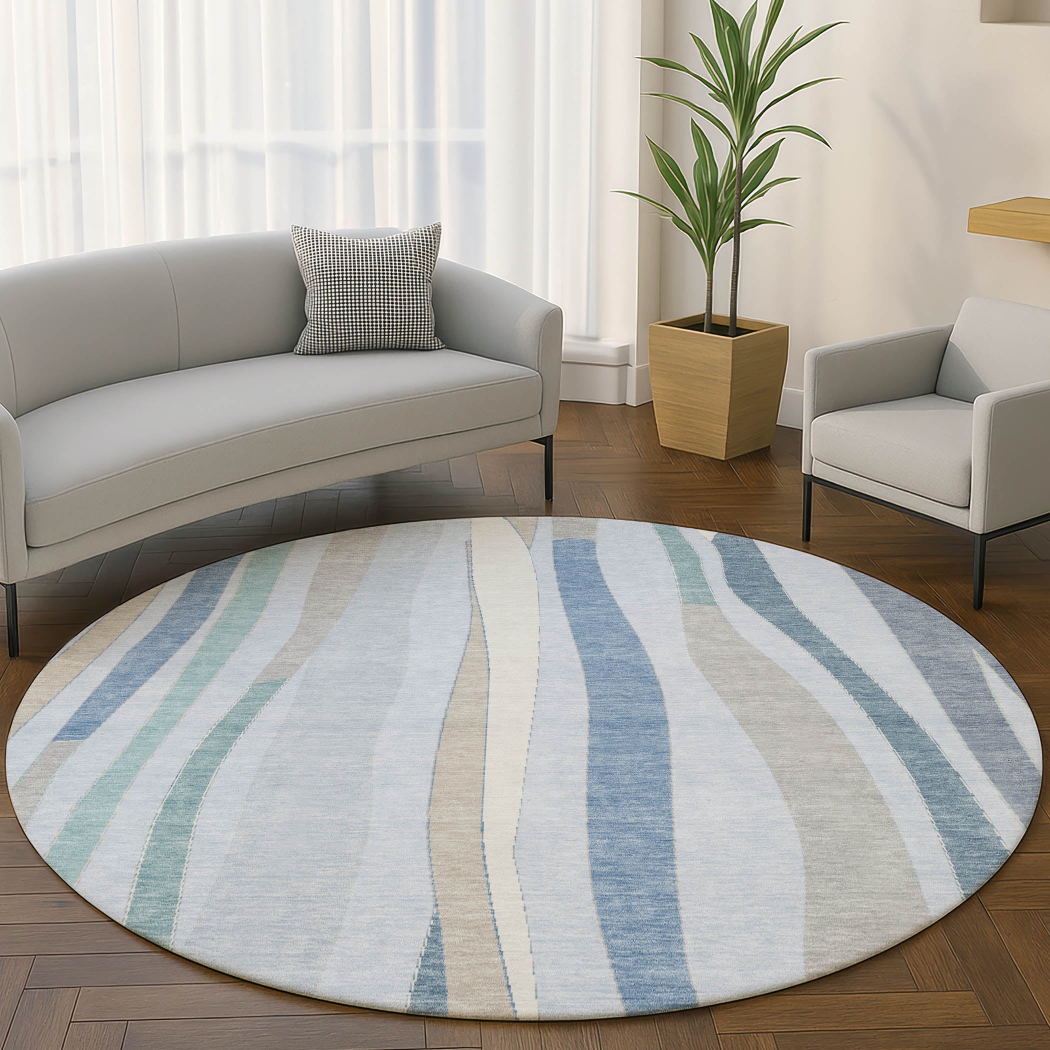 Zanzibar Machine Washable Transitional Sky Blue Rug 8' x 8' #shape_Round
