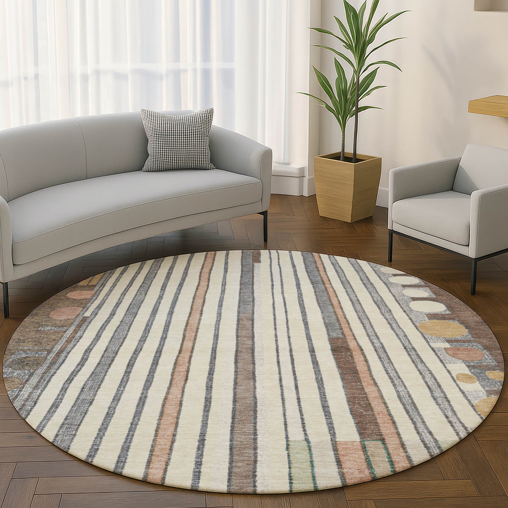 Lima Machine Washable Transitional Brown Rug 8' x 8' #shape_Round