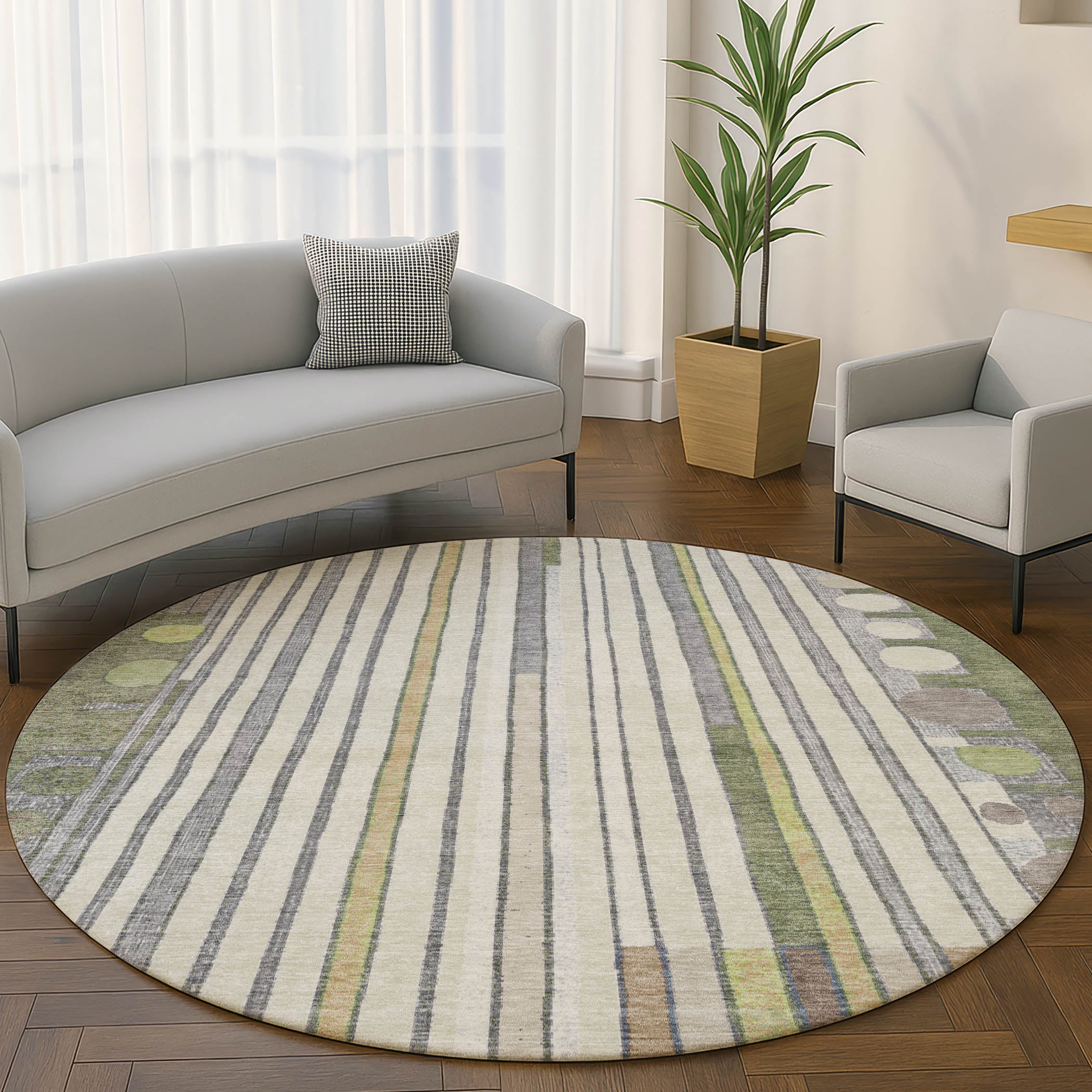 Lima Machine Washable Transitional Olive Green Rug 8' x 8' #shape_Round