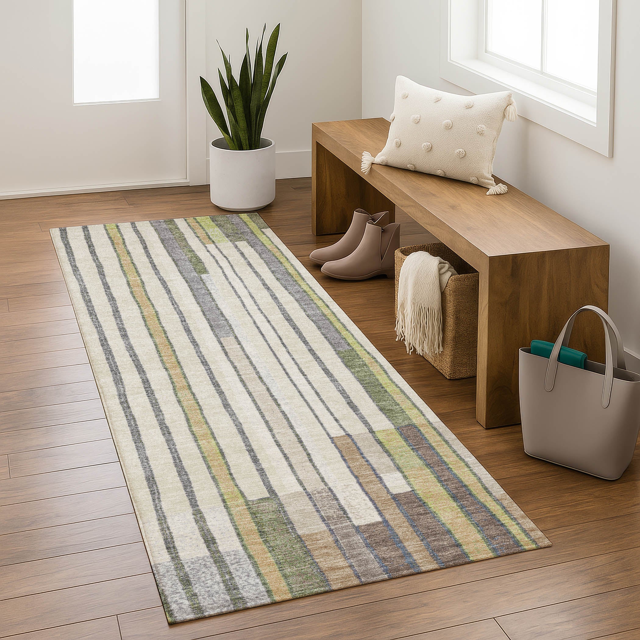 Lima Machine Washable Transitional Olive Green Rug 2'3" x 7'6" #shape_Runner
