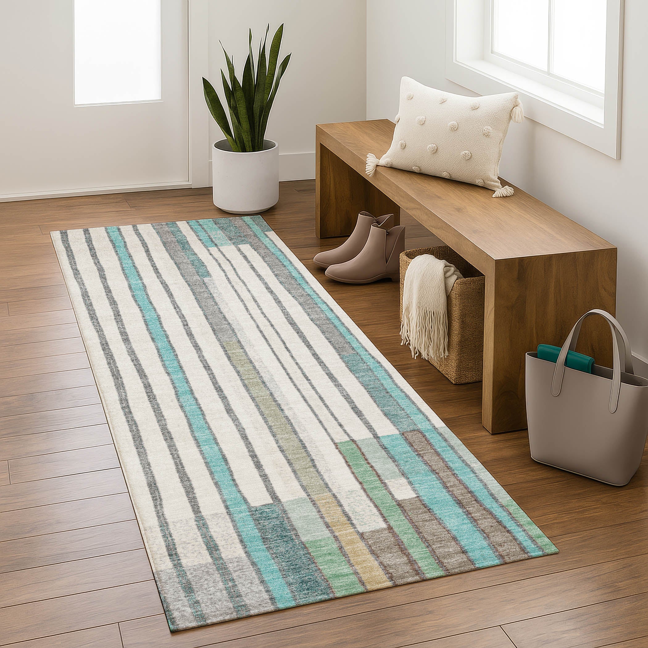 Lima Machine Washable Transitional Teal Rug 2'3" x 7'6" #shape_Runner